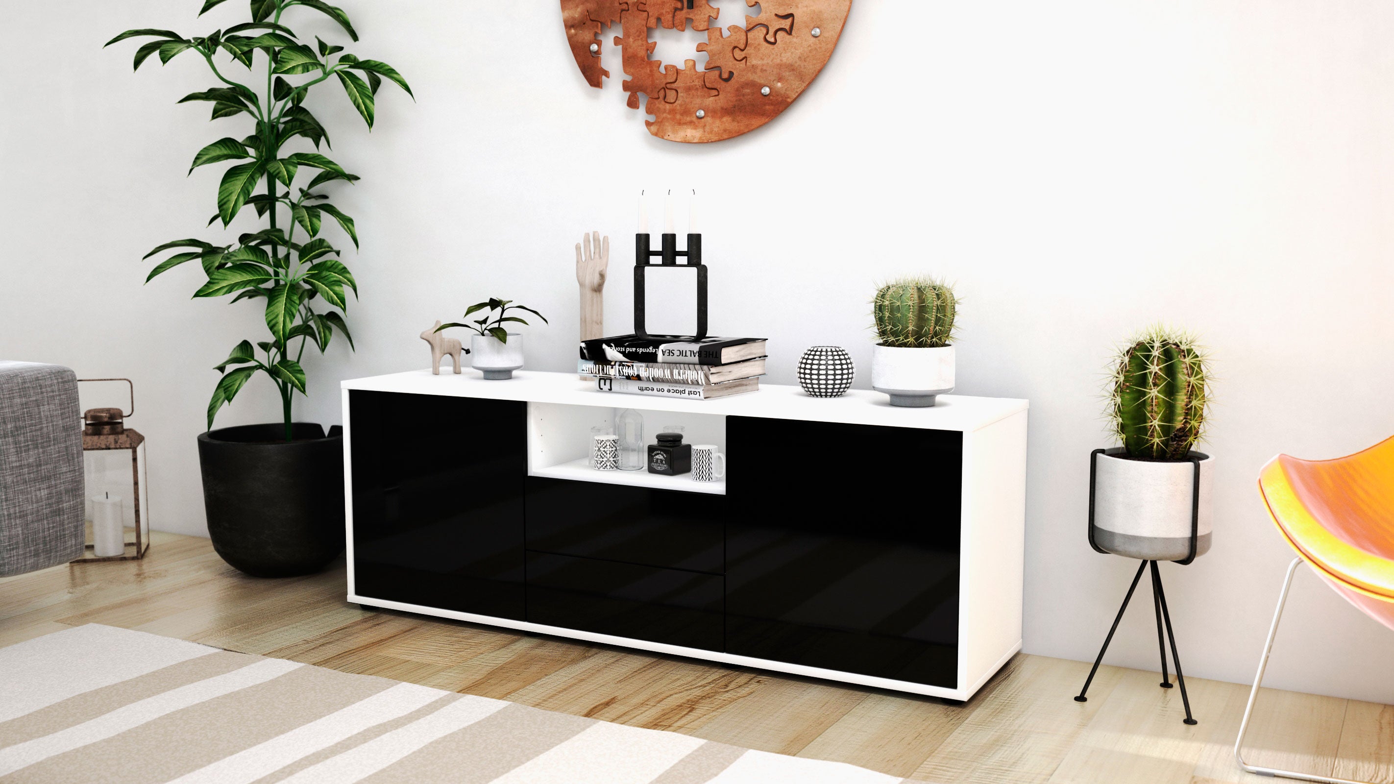 Lowboard - Ameriga - Design Hochglanz - Freistehend mit Push to Open 136 cm Weiss