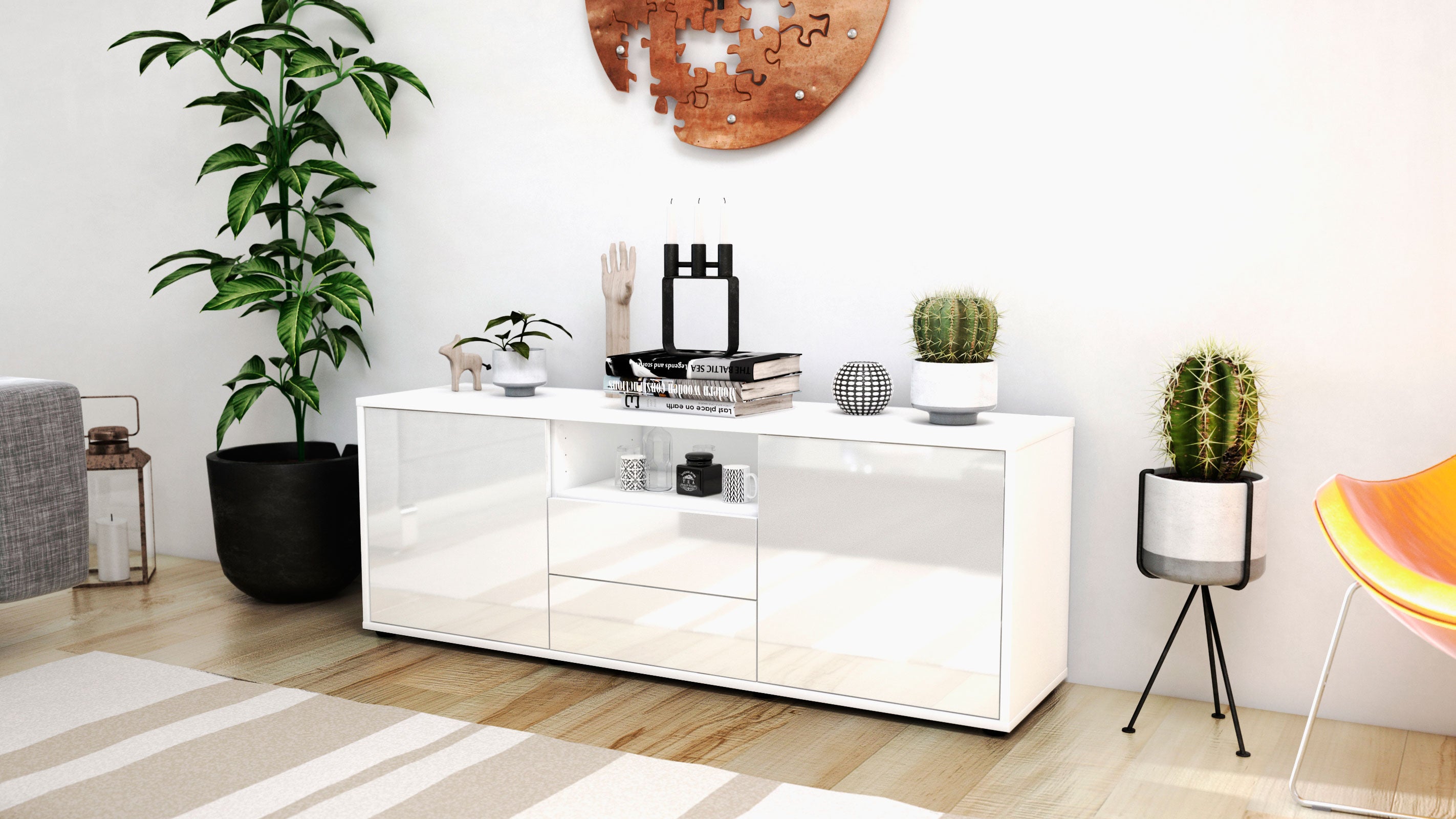 Lowboard - Ameriga - Design Hochglanz - Freistehend mit Push to Open 136 cm Weiss