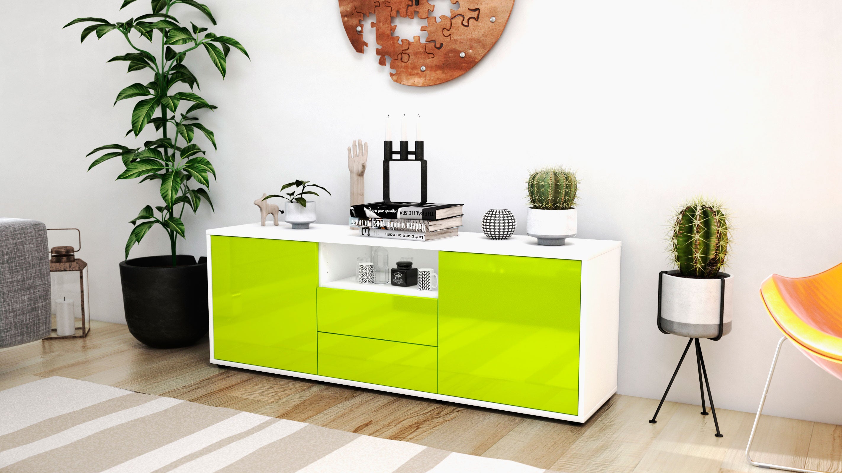 Lowboard - Ameriga - Design Hochglanz - Freistehend mit Push to Open 136 cm Weiss