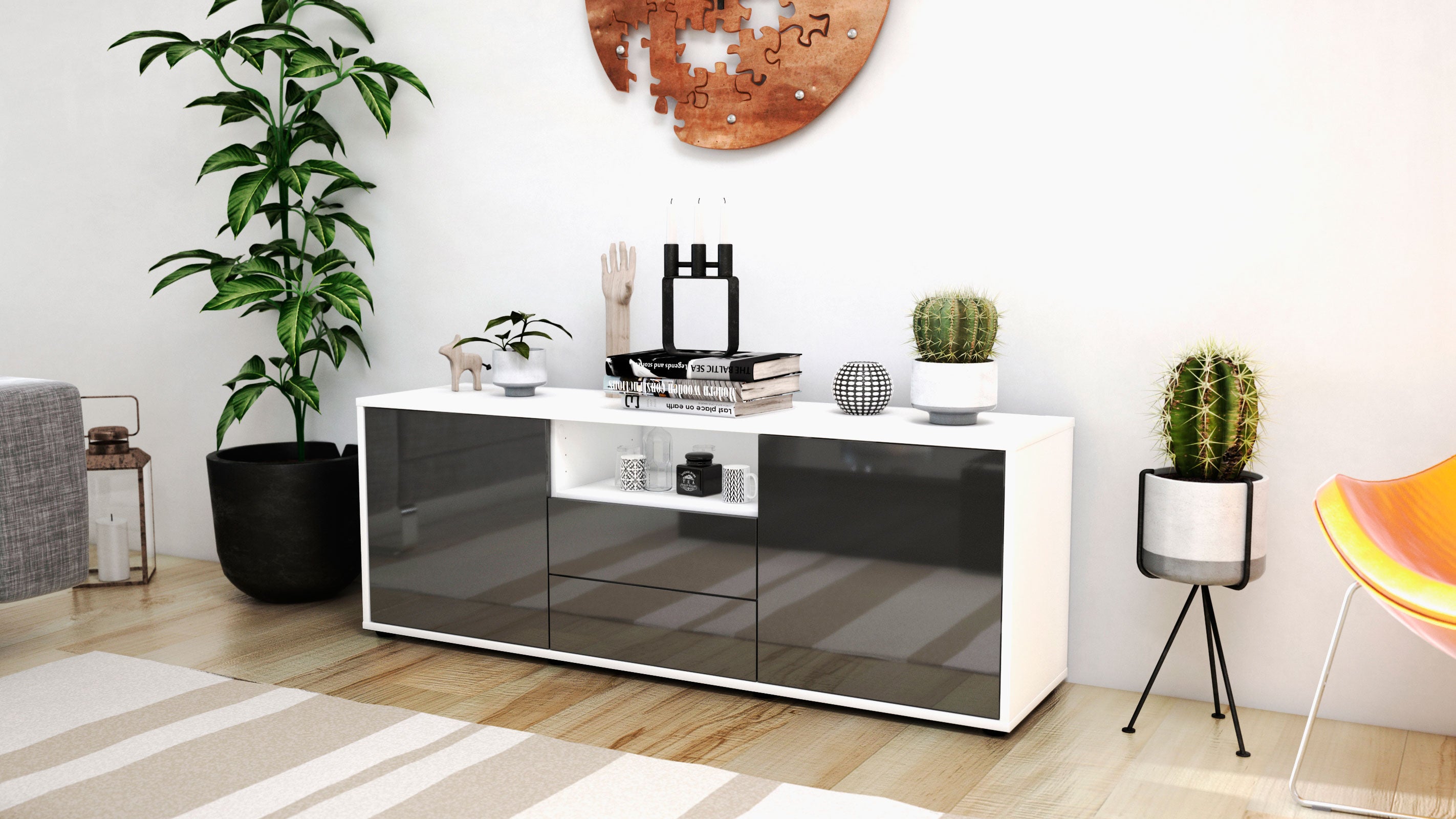 Lowboard - Ameriga - Design Hochglanz - Freistehend mit Push to Open 136 cm Weiss