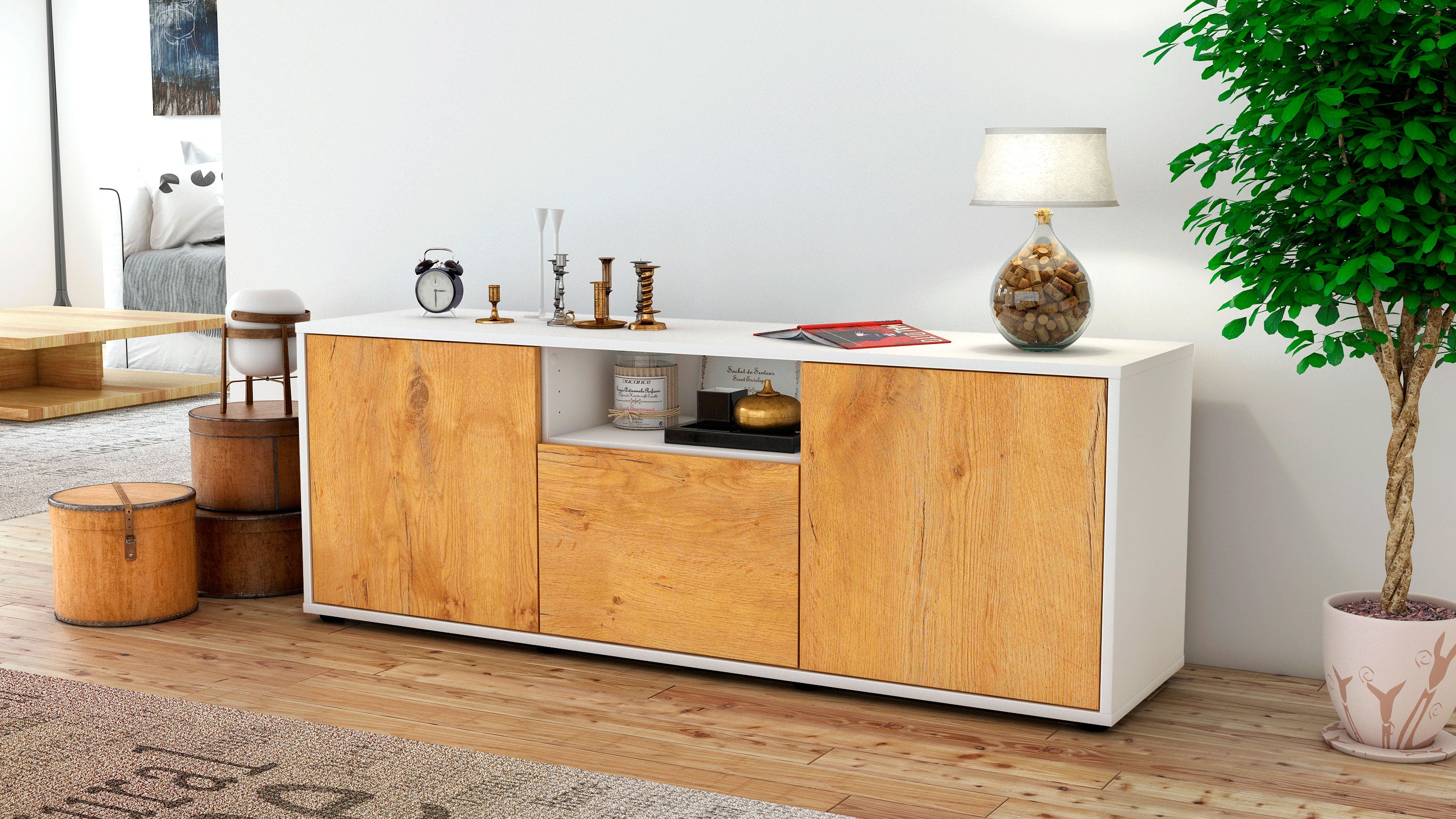 Lowboard - Andreana - Design Holzdekor - Freistehend mit Push to Open 136 cm Weiss