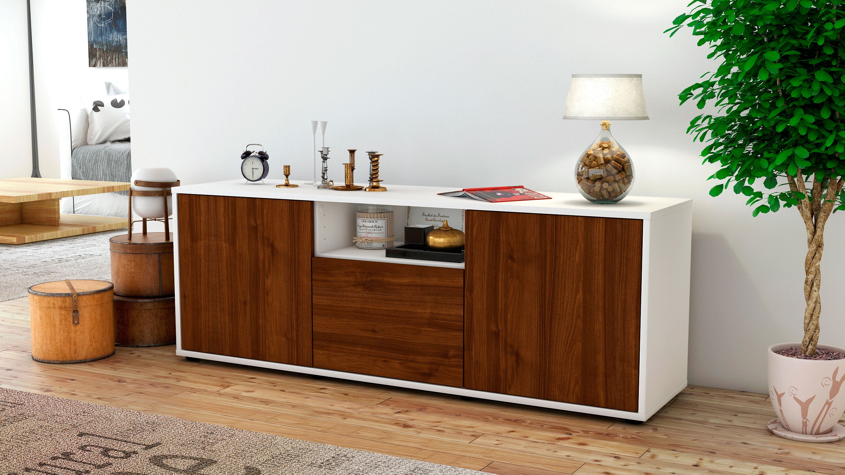 Lowboard - Andreana - Design Holzdekor - Freistehend mit Push to Open 136 cm Weiss