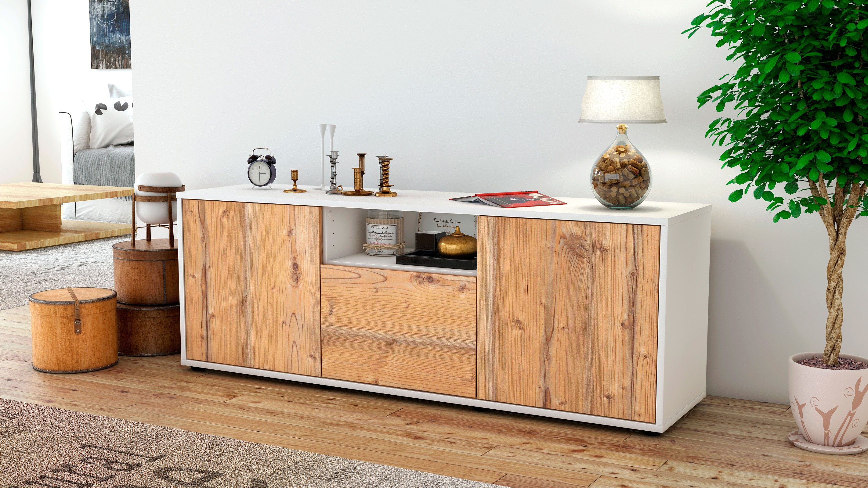 Lowboard - Andreana - Design Holzdekor - Freistehend mit Push to Open 136 cm Weiss