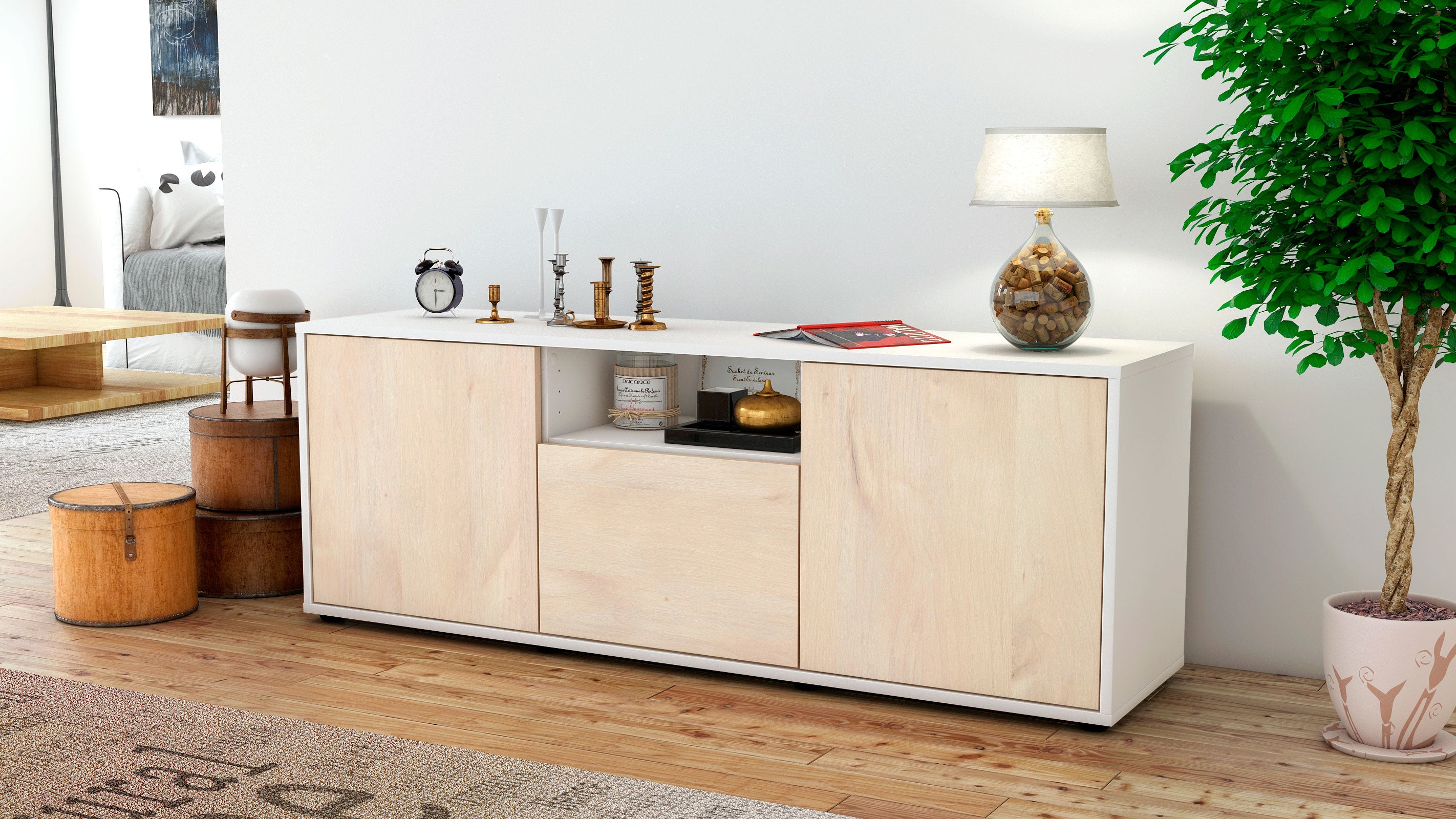 Lowboard - Andreana - Design Holzdekor - Freistehend mit Push to Open 136 cm Weiss