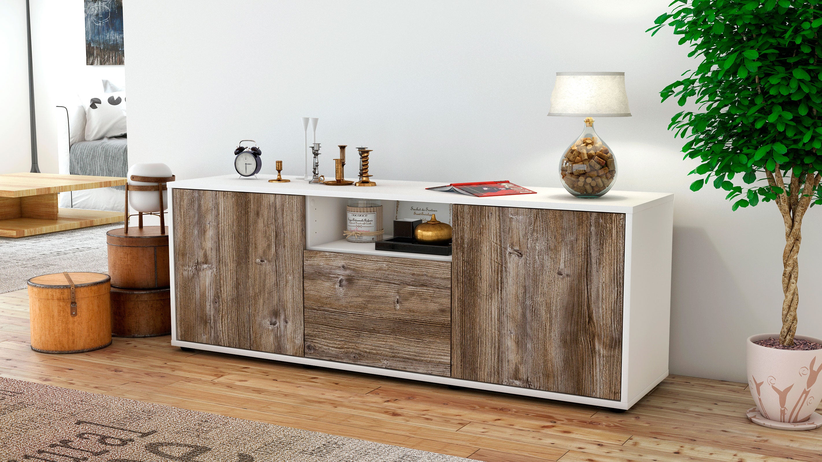 Lowboard - Andreana - Design Holzdekor - Freistehend mit Push to Open 136 cm Weiss