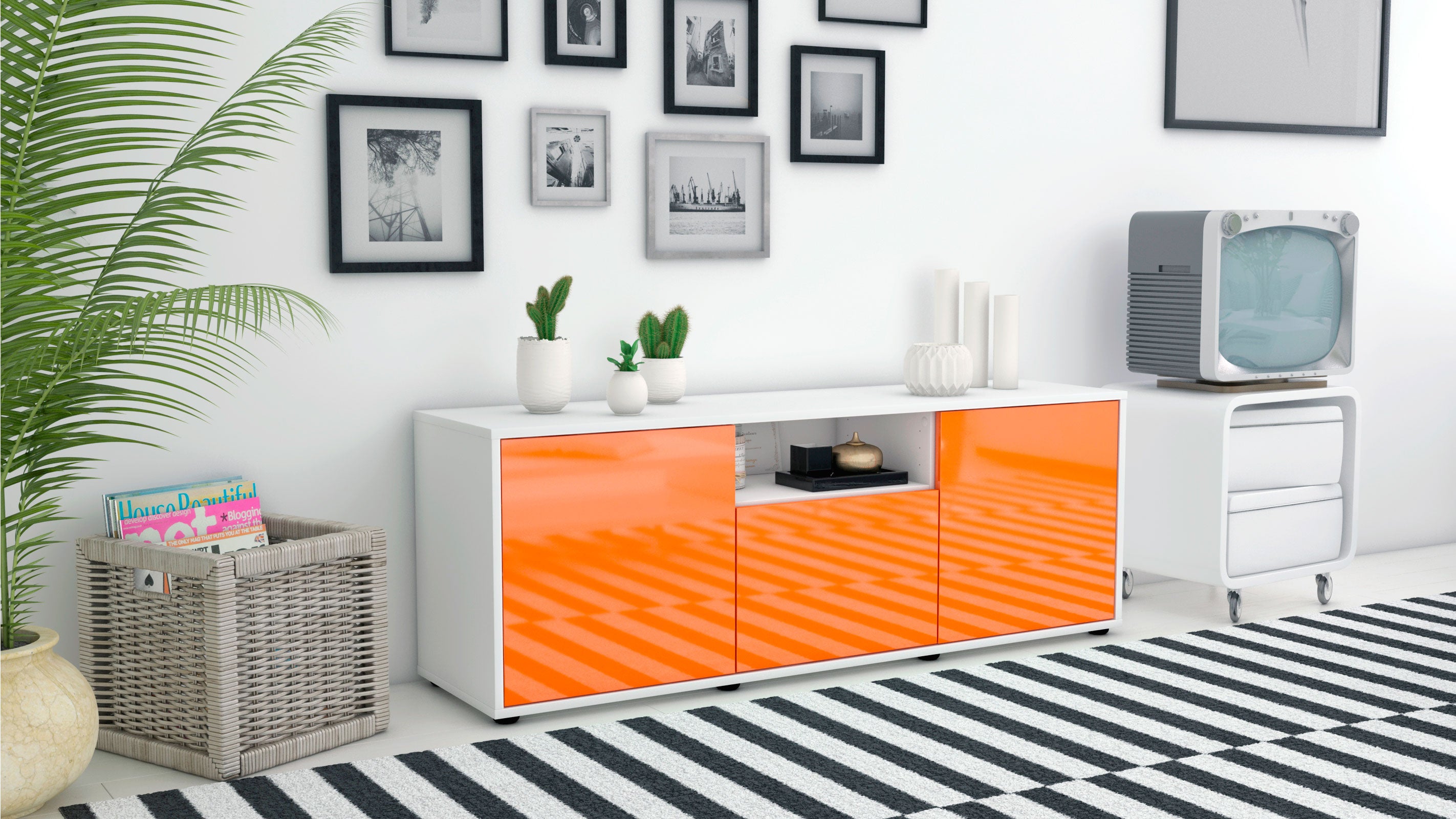 Lowboard - Andreana - Design Hochglanz - Freistehend mit Push to Open 136 cm Weiss