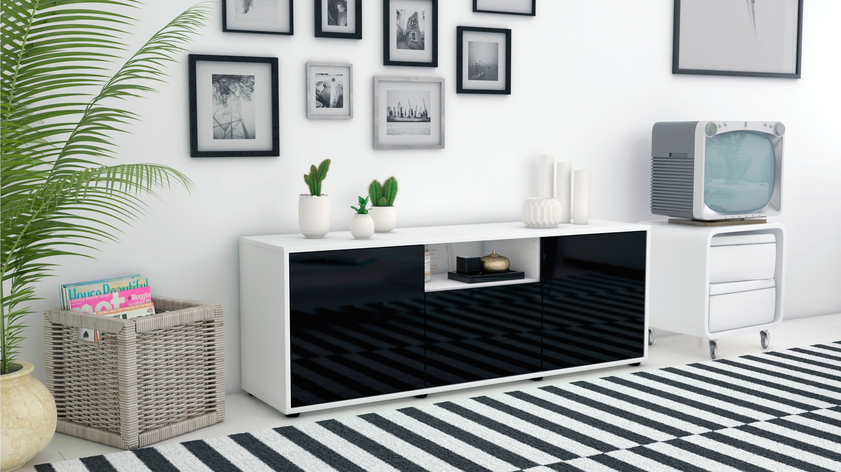 Lowboard - Andreana - Design Hochglanz - Freistehend mit Push to Open 136 cm Weiss