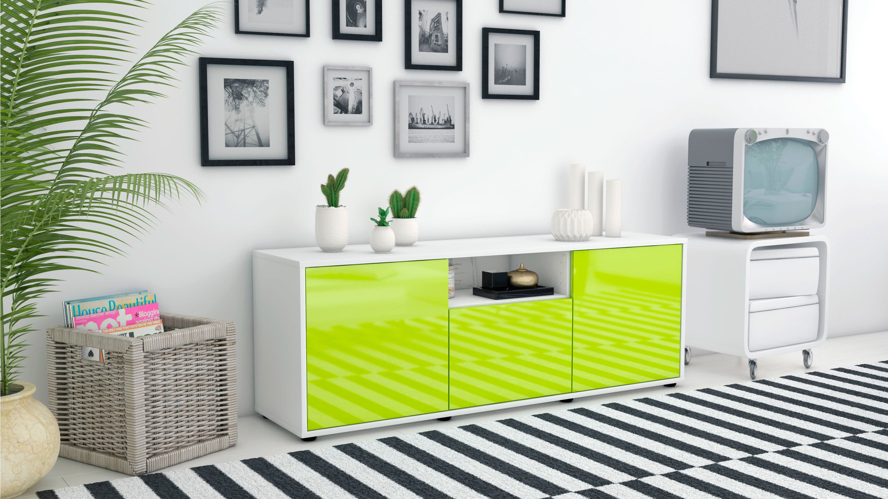 Lowboard - Andreana - Design Hochglanz - Freistehend mit Push to Open 136 cm Weiss