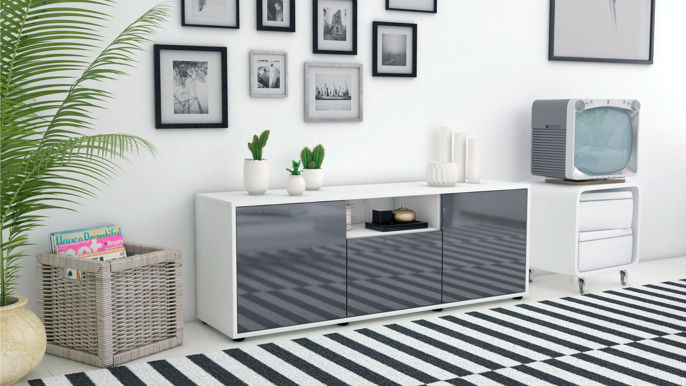 Lowboard - Andreana - Design Hochglanz - Freistehend mit Push to Open 136 cm Weiss