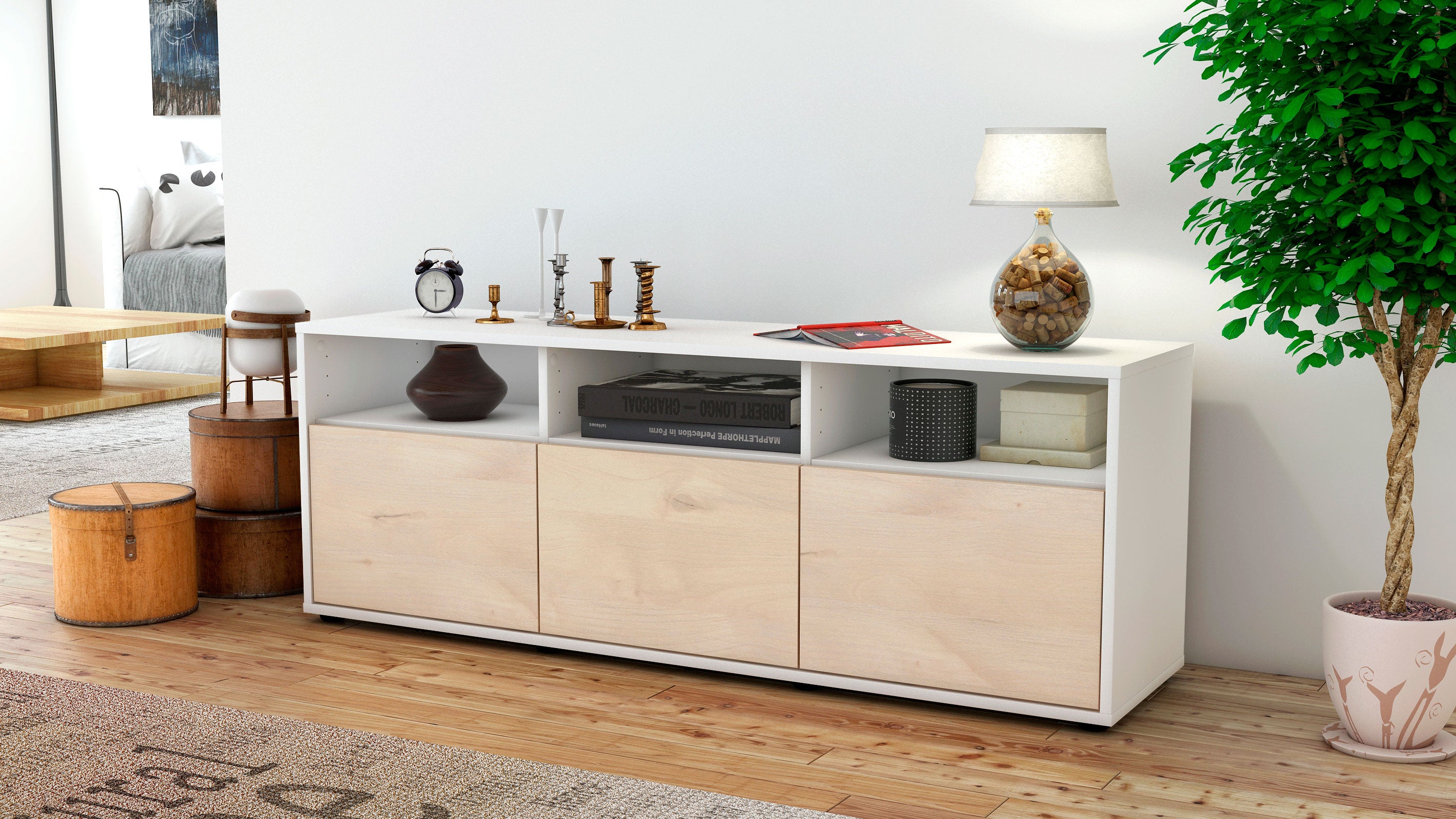 Lowboard - Andrina - Design Holzdekor - Freistehend mit Push to Open 136 cm Weiss