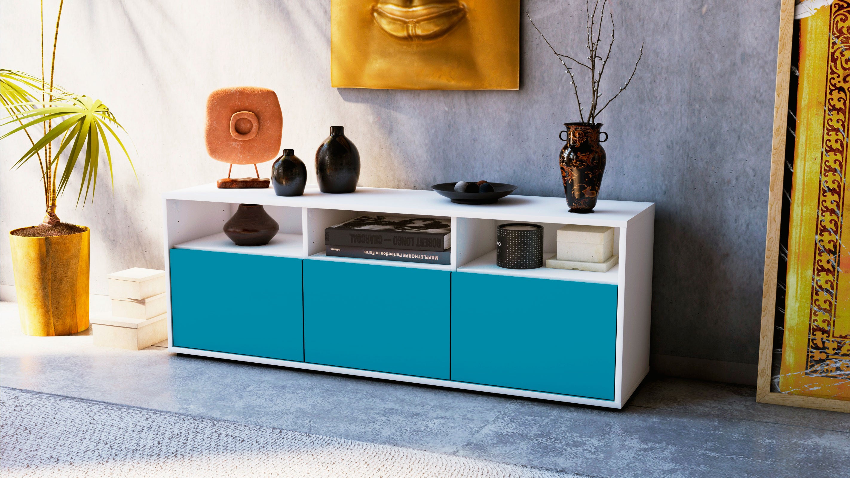 Lowboard - Andrina - Design Farbakzent - Freistehend mit Push to Open 136 cm Weiss