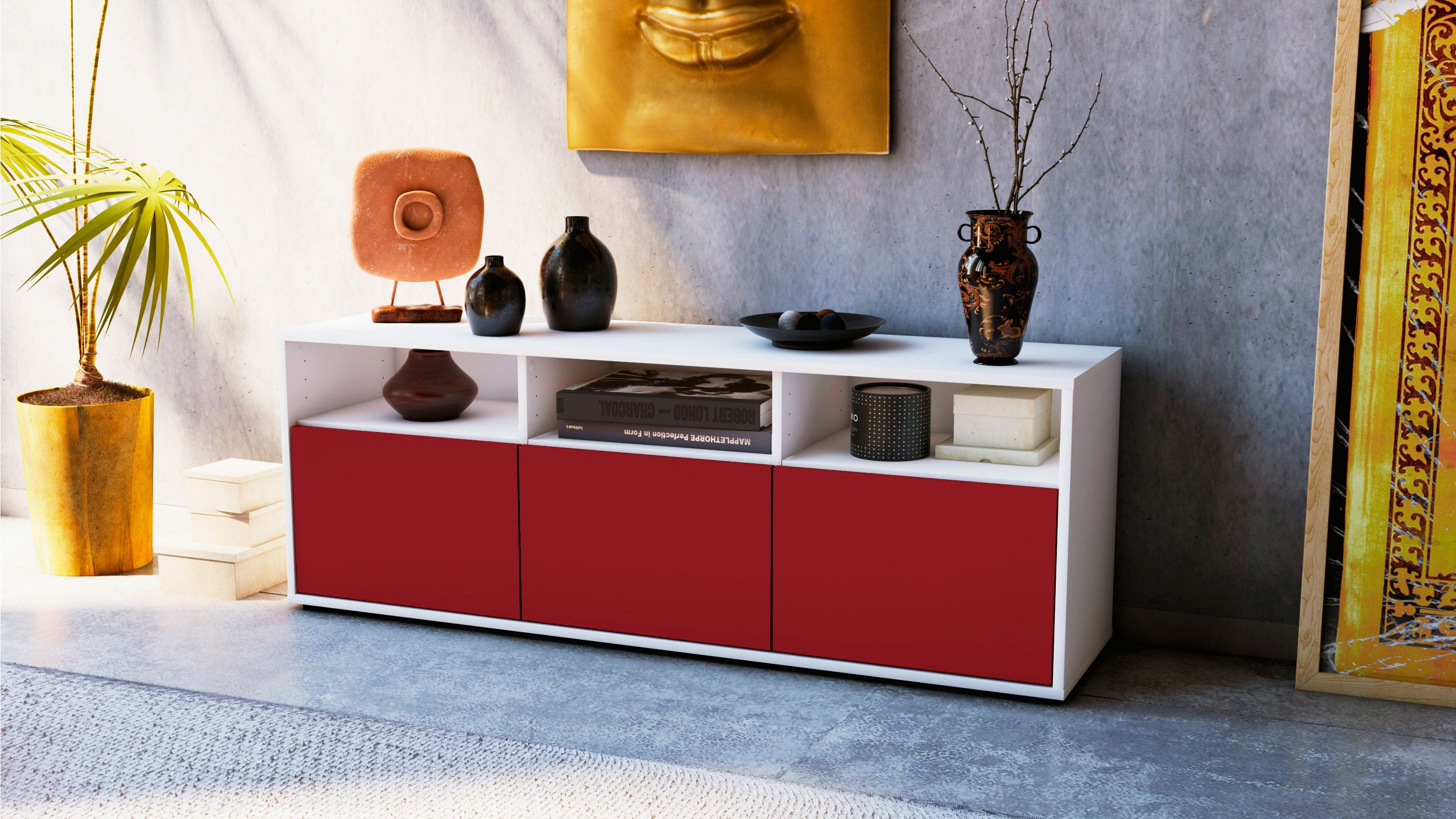Lowboard - Andrina - Design Farbakzent - Freistehend mit Push to Open 136 cm Weiss