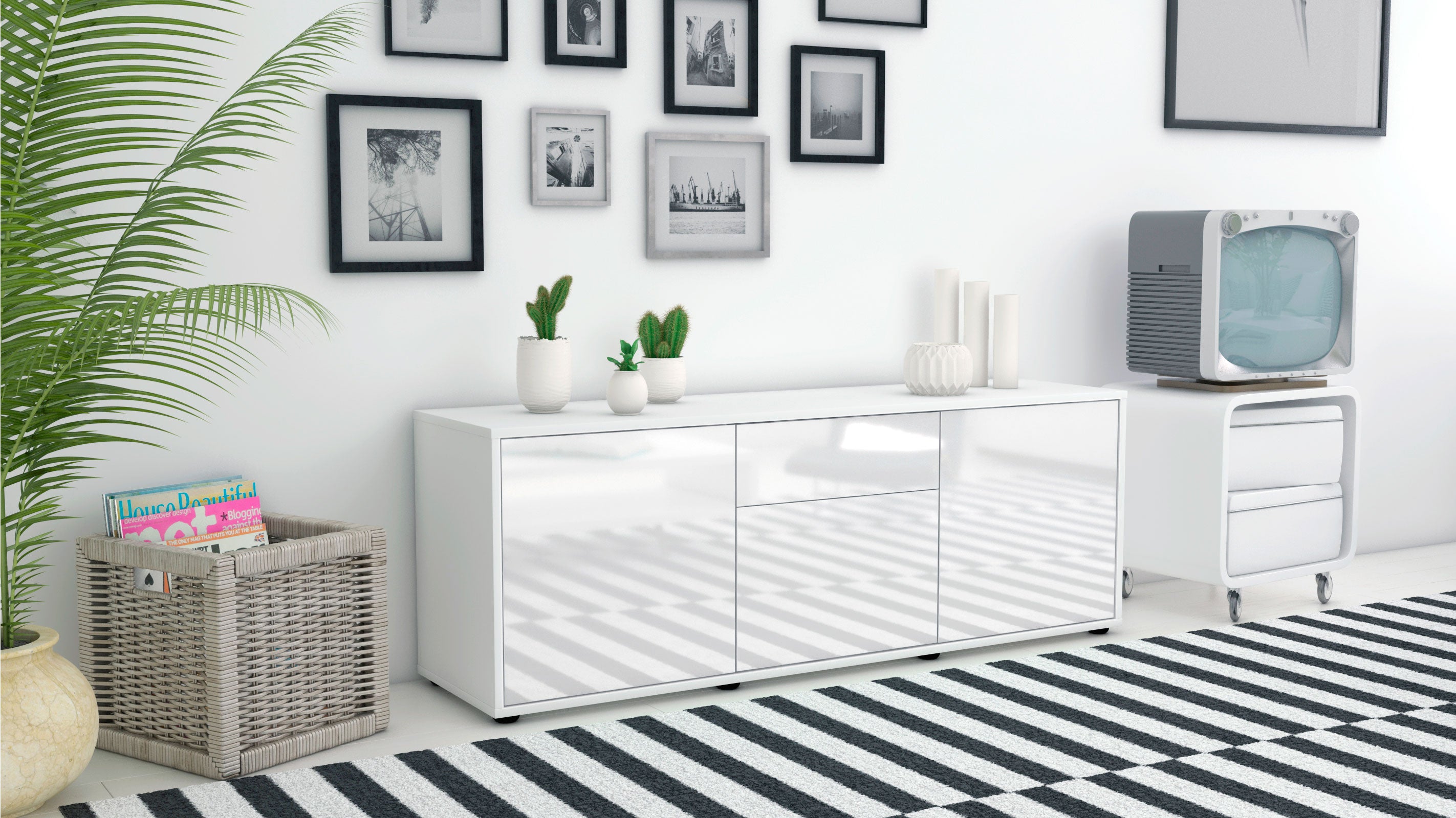 Lowboard - Anella - Design Hochglanz - Freistehend mit Push to Open 136 cm Weiss