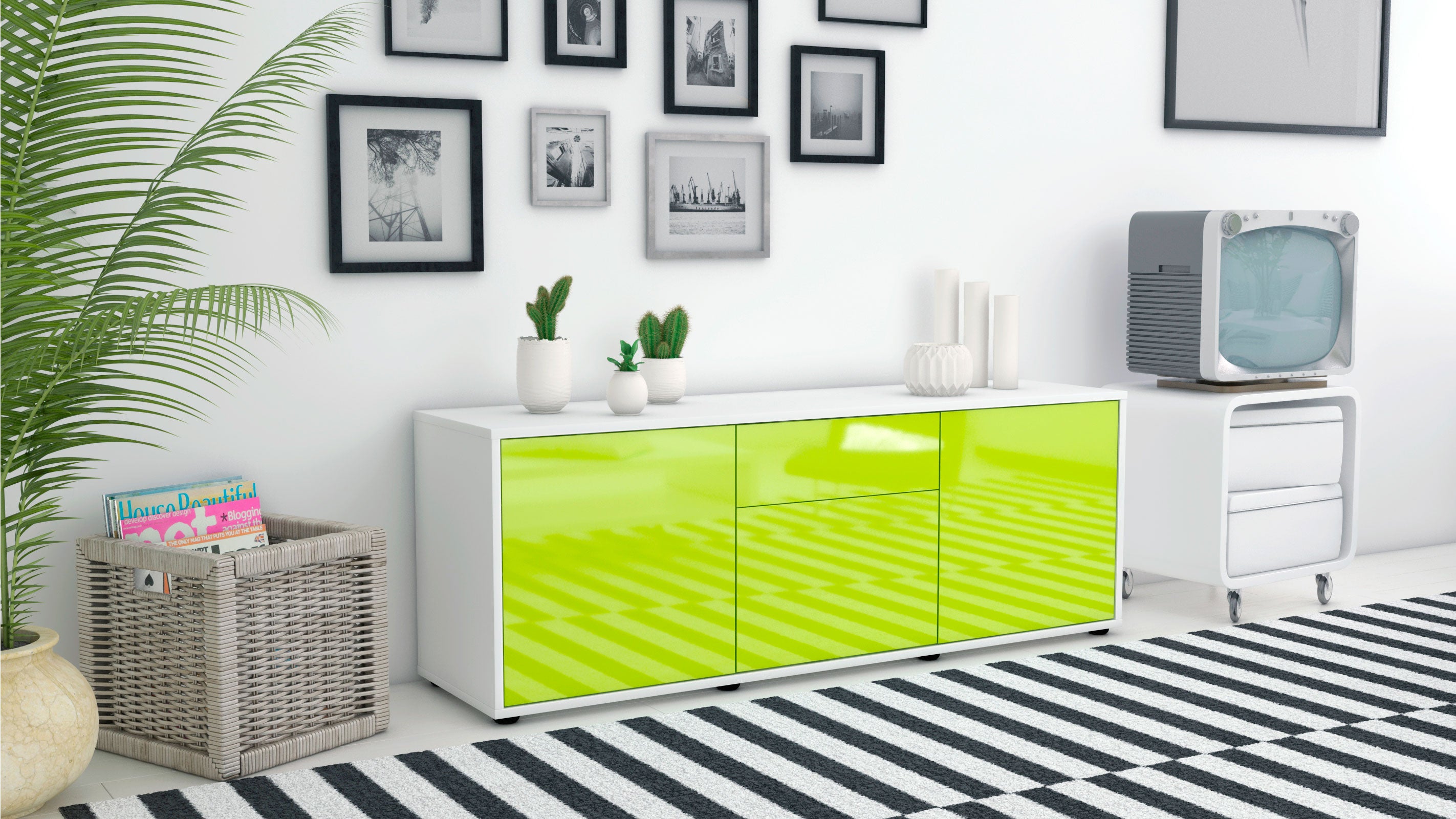 Lowboard - Anella - Design Hochglanz - Freistehend mit Push to Open 136 cm Weiss