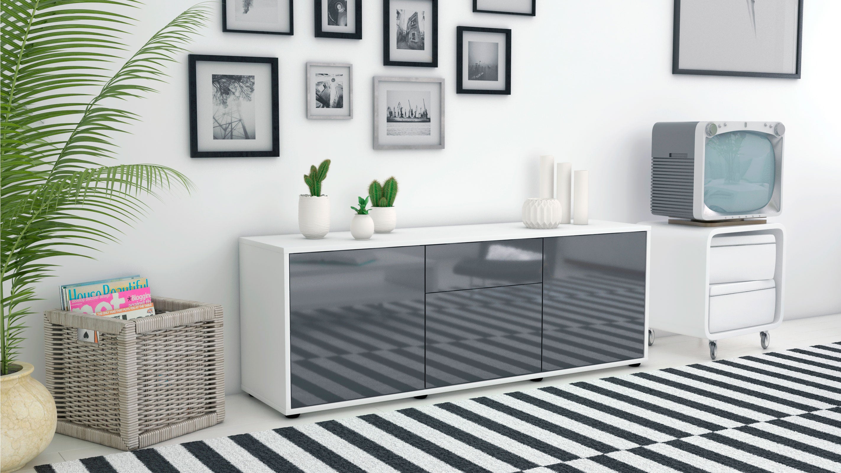 Lowboard - Anella - Design Hochglanz - Freistehend mit Push to Open 136 cm Weiss