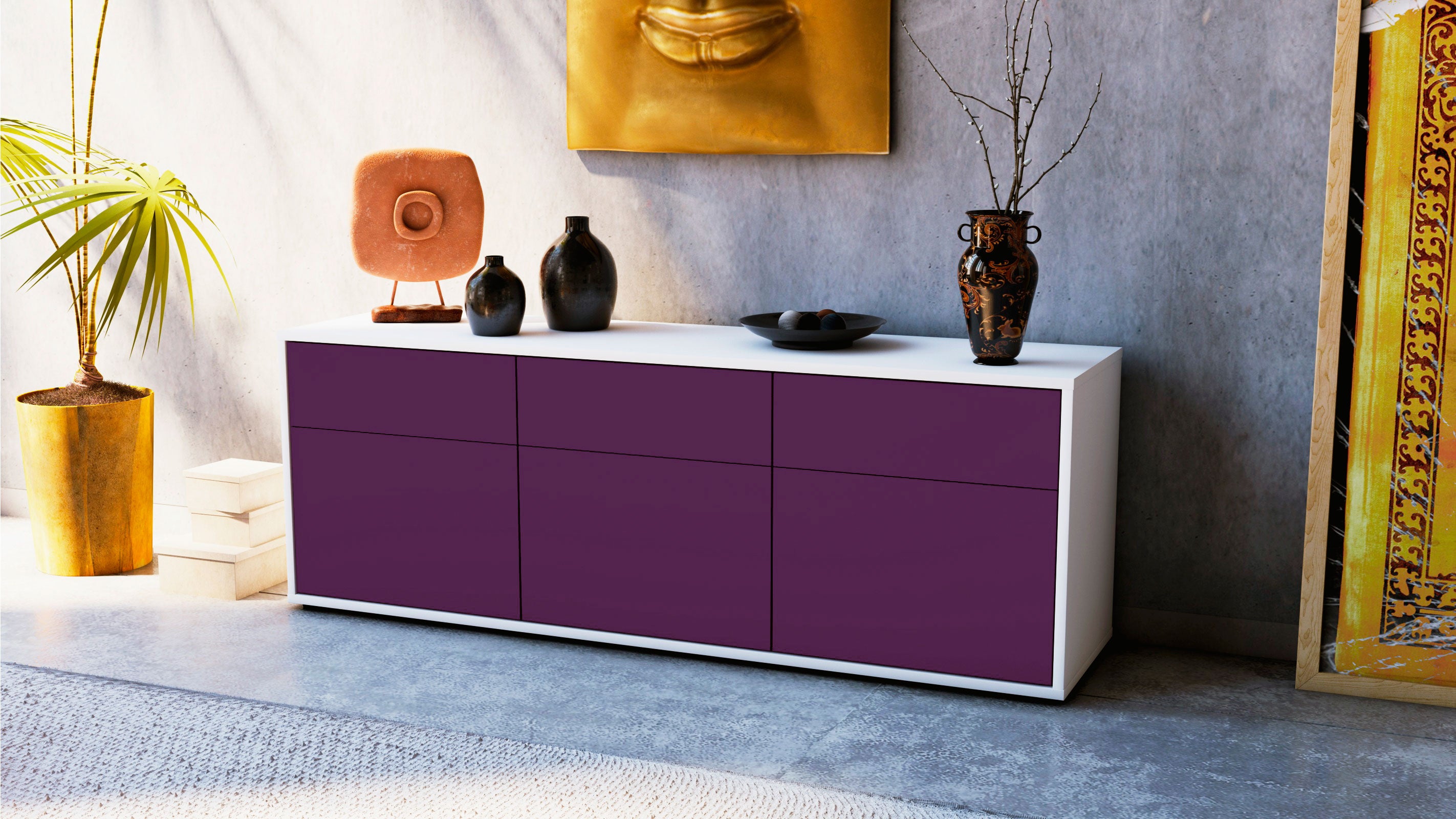 Lowboard - Angela - Design Farbakzent - Freistehend mit Push to Open 136 cm Weiss