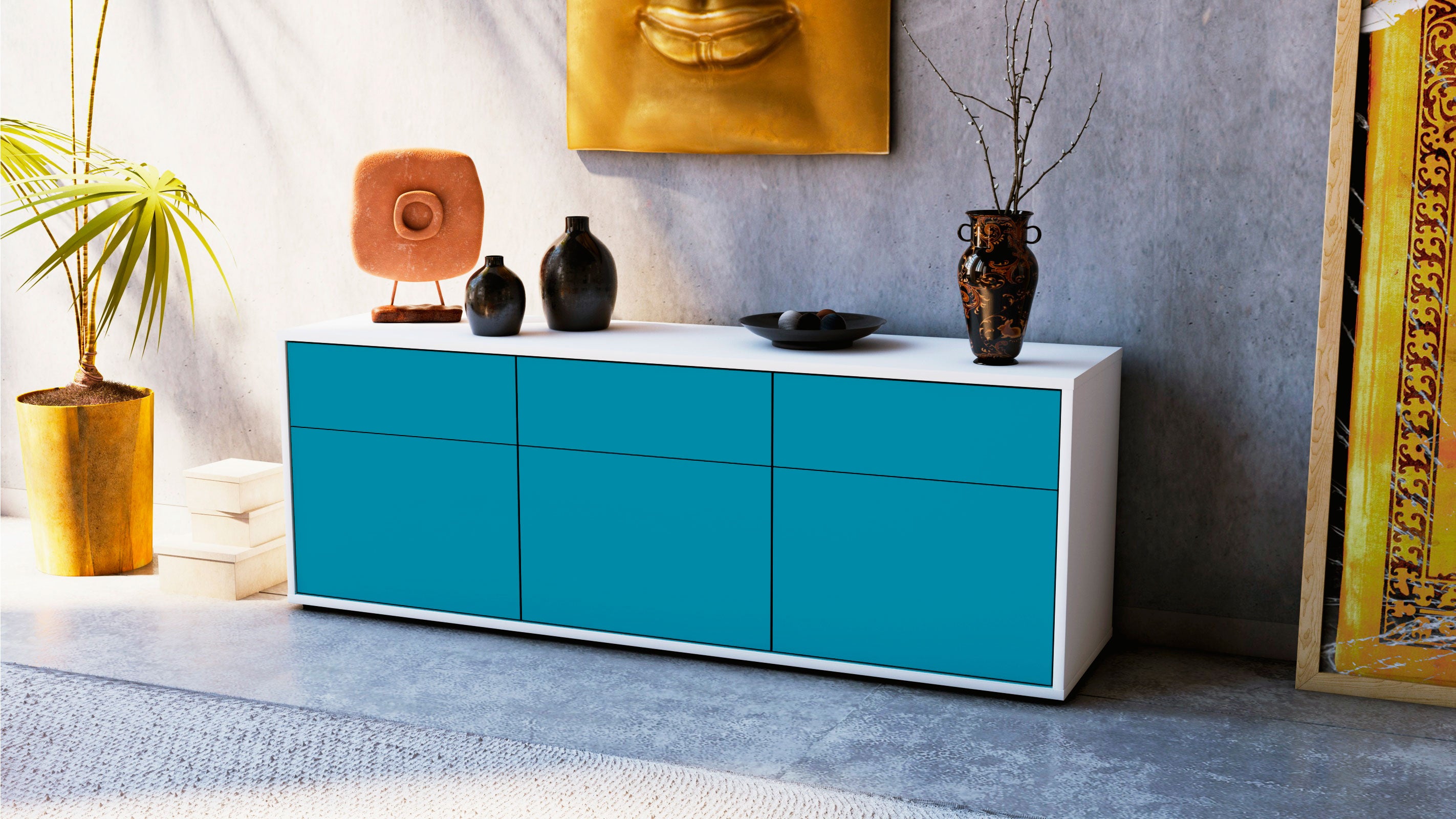 Lowboard - Angela - Design Farbakzent - Freistehend mit Push to Open 136 cm Weiss