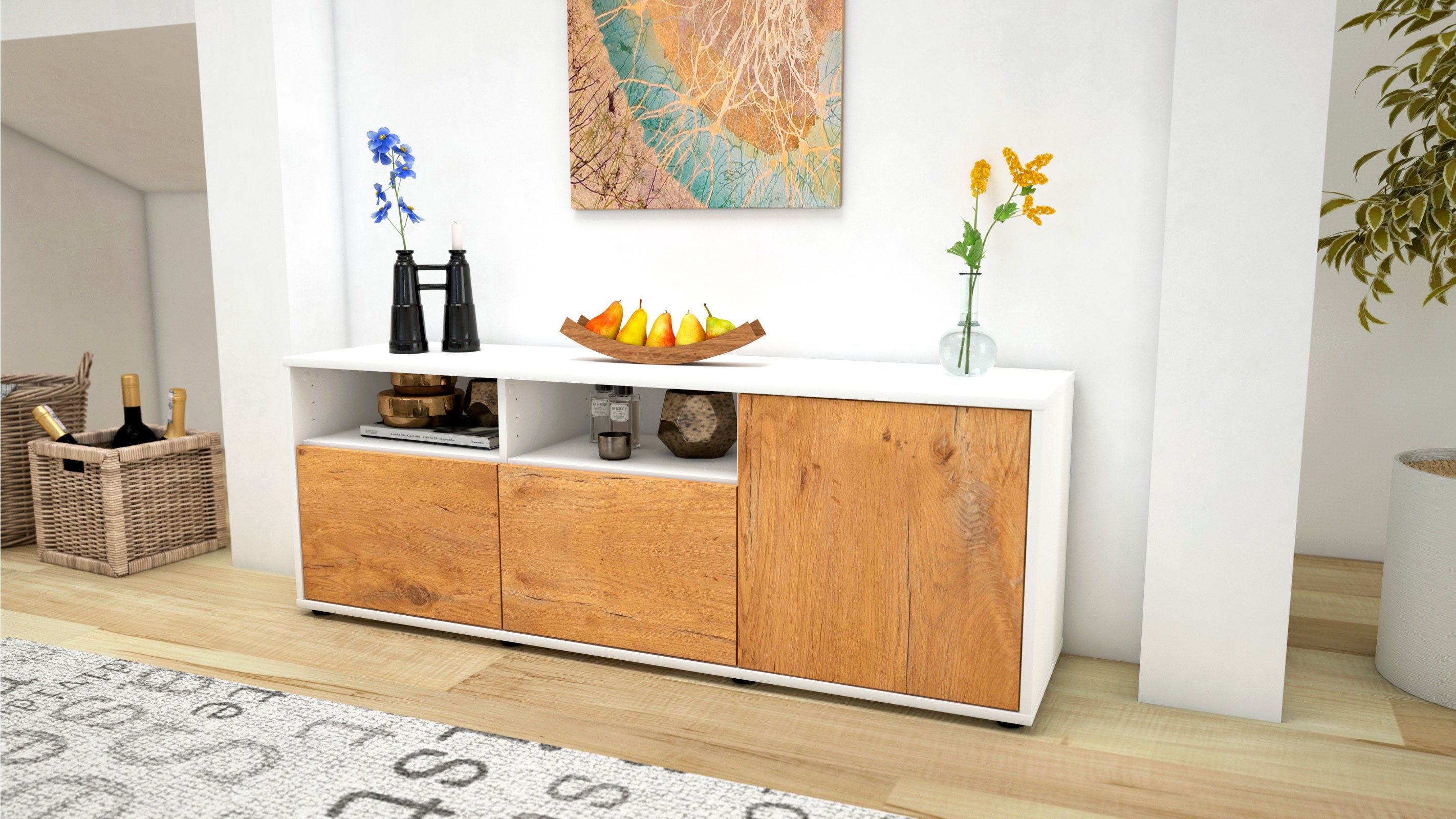 Lowboard - Anina - Design Holzdekor - Freistehend mit Push to Open 136 cm Weiss
