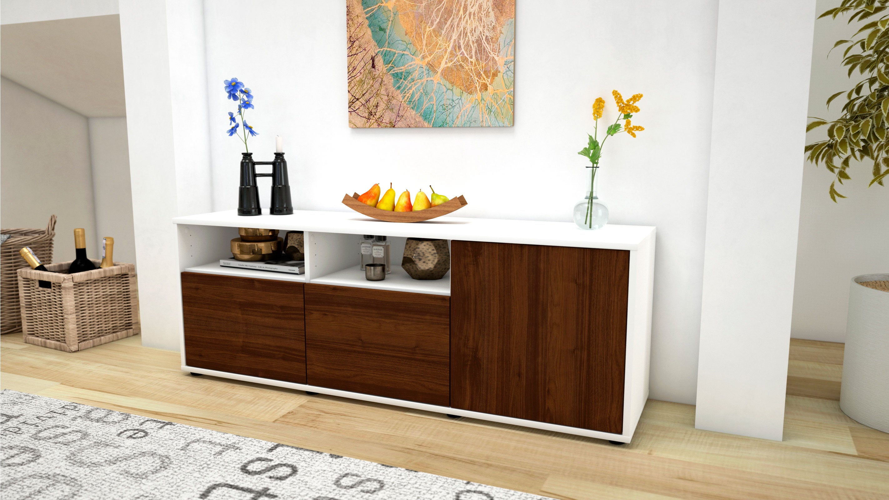 Lowboard - Anina - Design Holzdekor - Freistehend mit Push to Open 136 cm Weiss