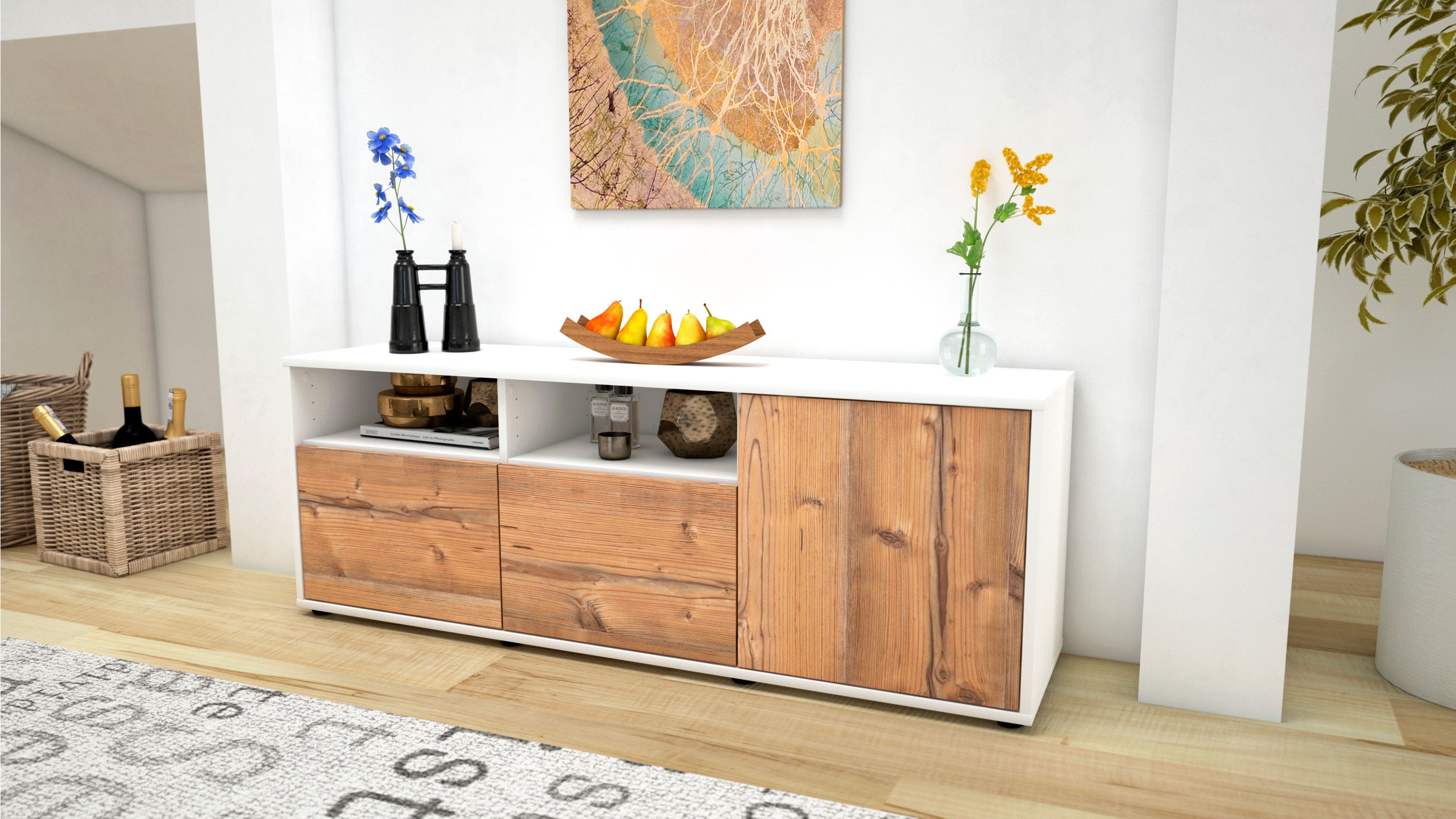 Lowboard - Anina - Design Holzdekor - Freistehend mit Push to Open 136 cm Weiss