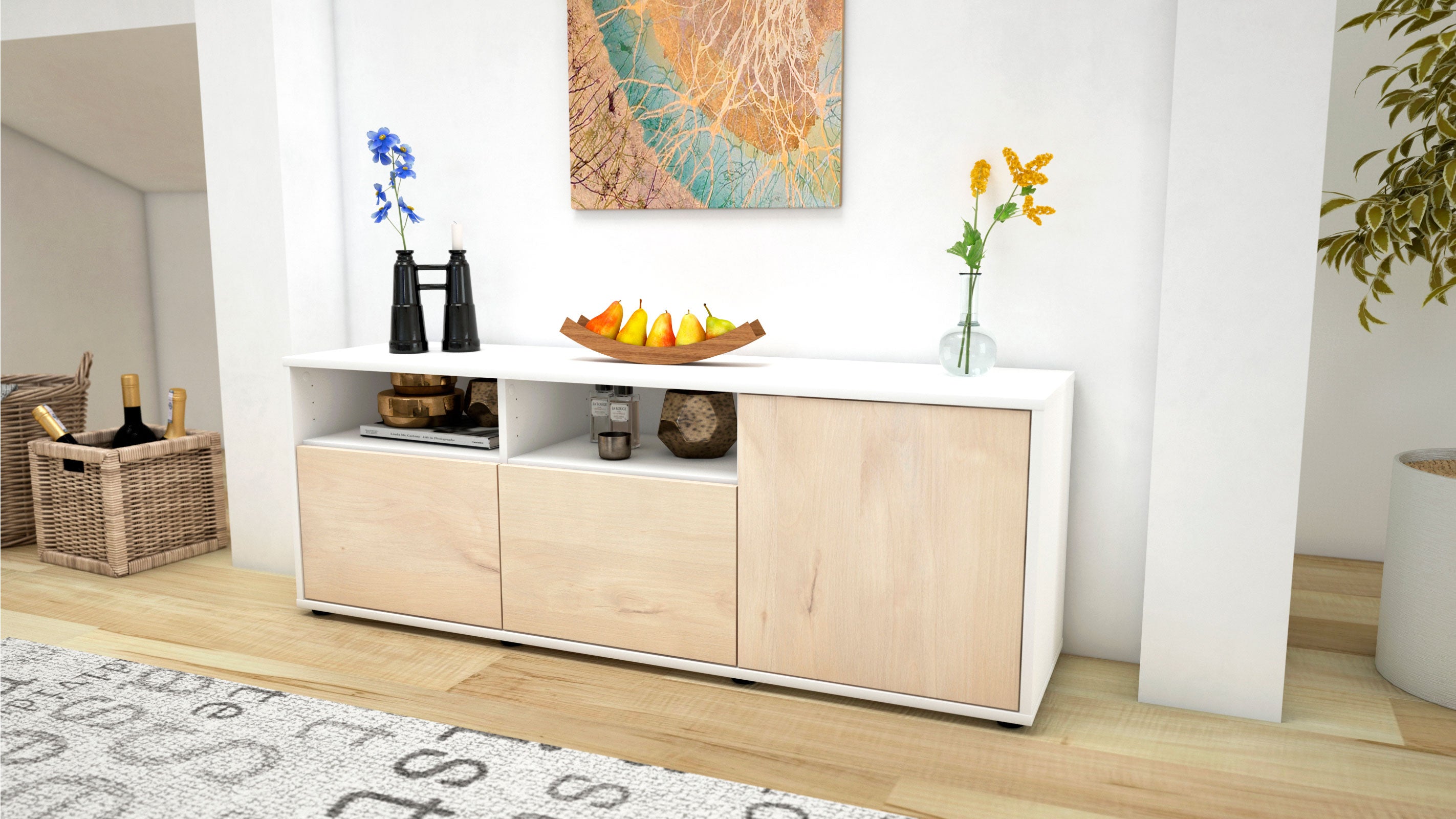 Lowboard - Anina - Design Holzdekor - Freistehend mit Push to Open 136 cm Weiss