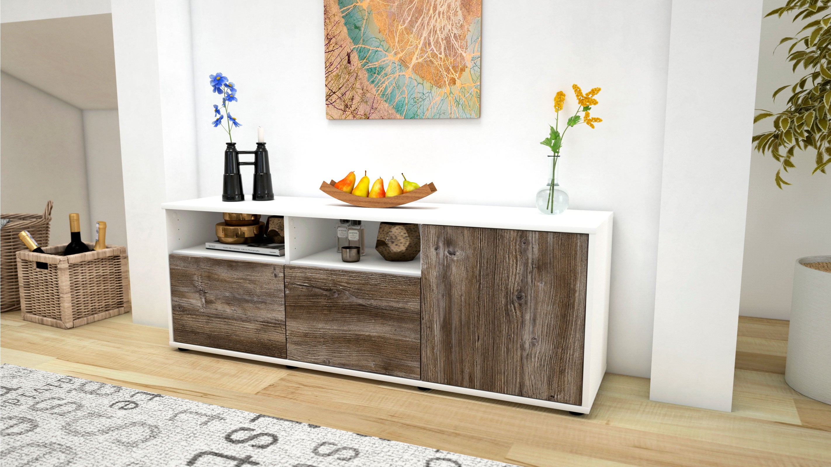 Lowboard - Anina - Design Holzdekor - Freistehend mit Push to Open 136 cm Weiss
