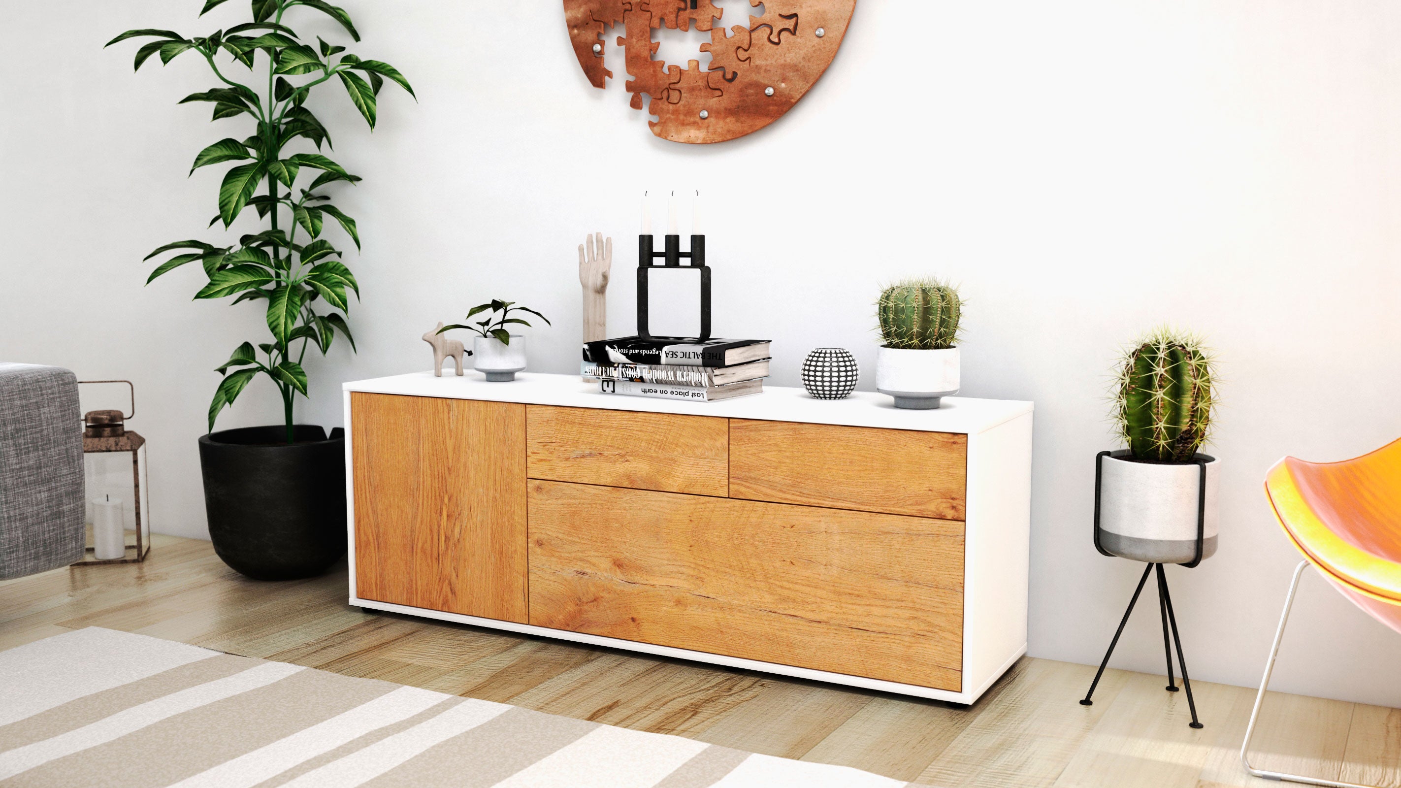 Lowboard - Annabell - Design Holzdekor - Freistehend mit Push to Open 136 cm Weiss