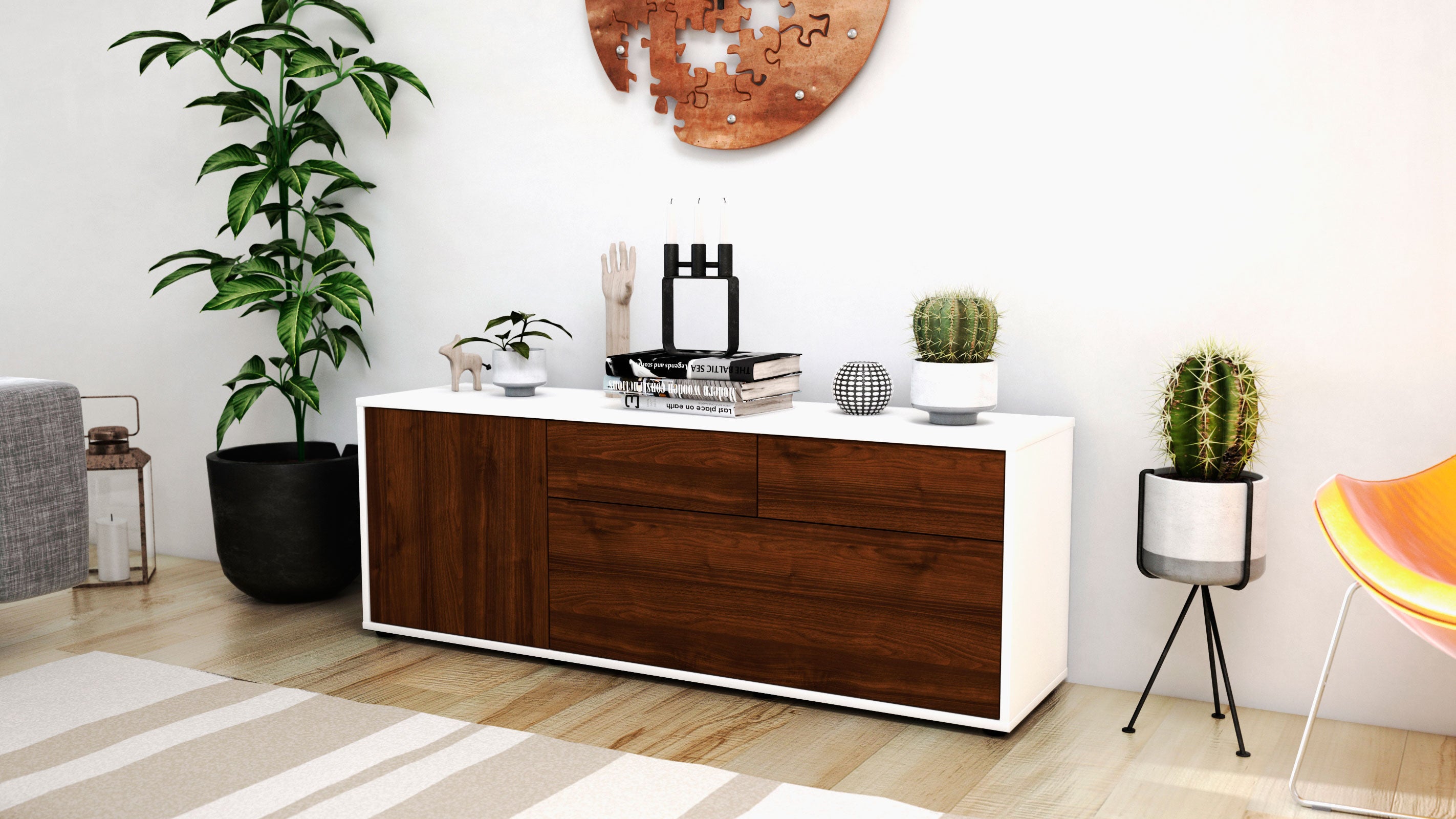 Lowboard - Annabell - Design Holzdekor - Freistehend mit Push to Open 136 cm Weiss