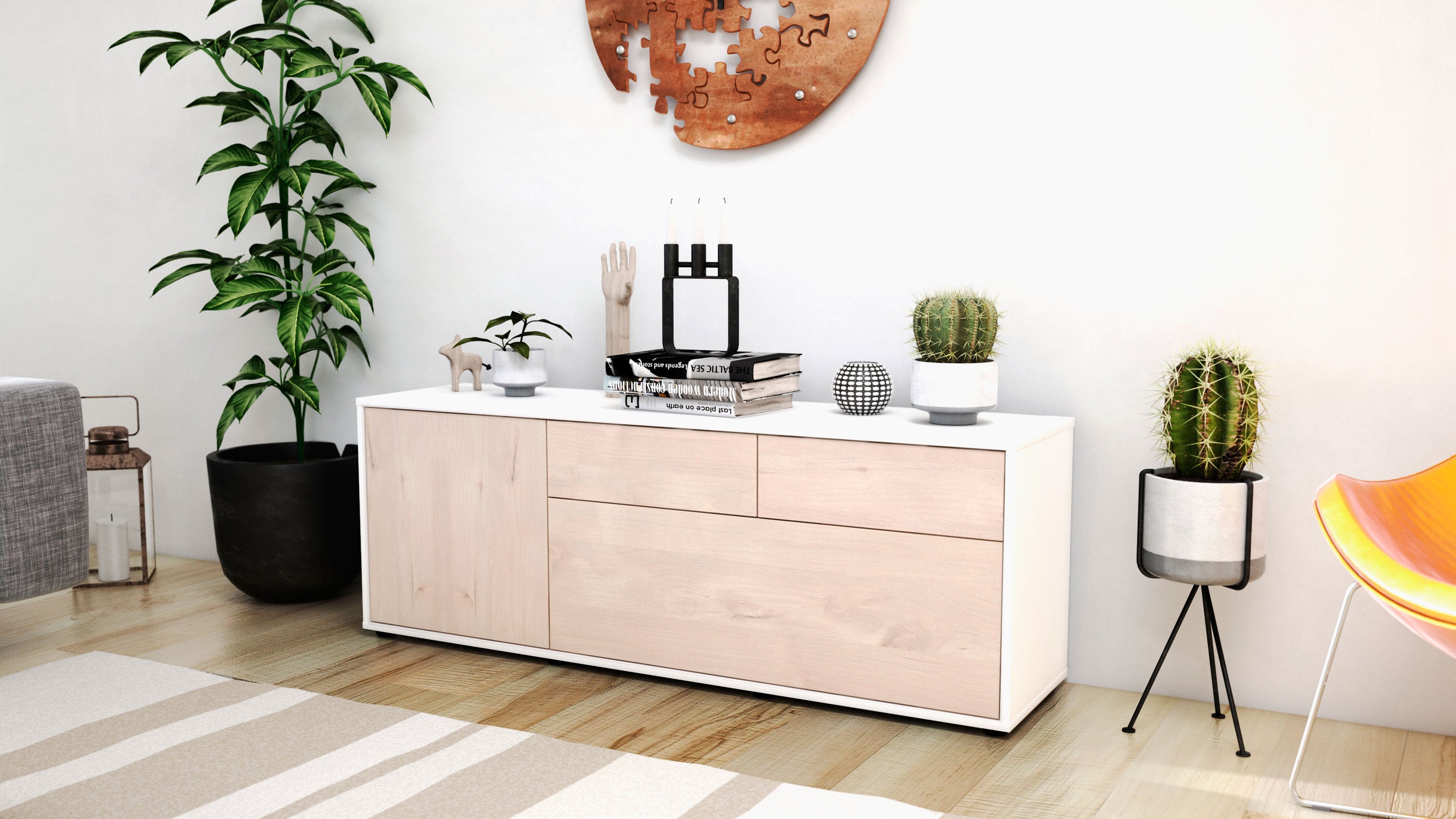Lowboard - Annabell - Design Holzdekor - Freistehend mit Push to Open 136 cm Weiss