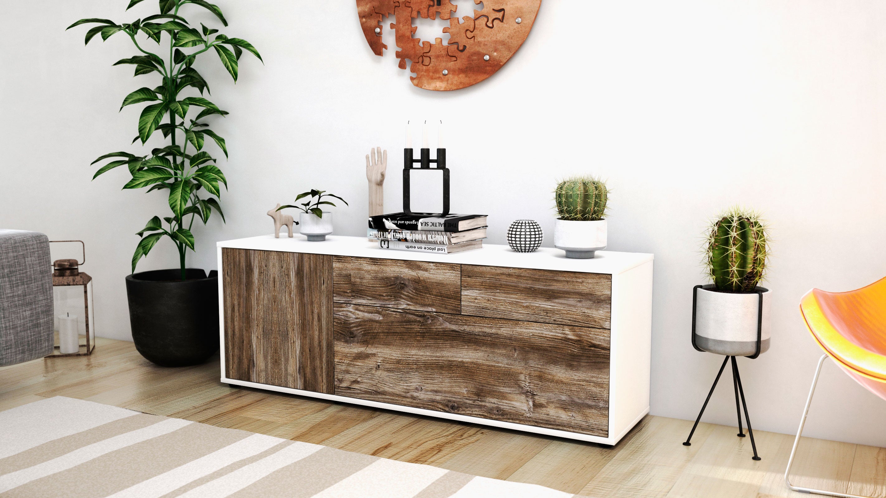 Lowboard - Annabell - Design Holzdekor - Freistehend mit Push to Open 136 cm Weiss