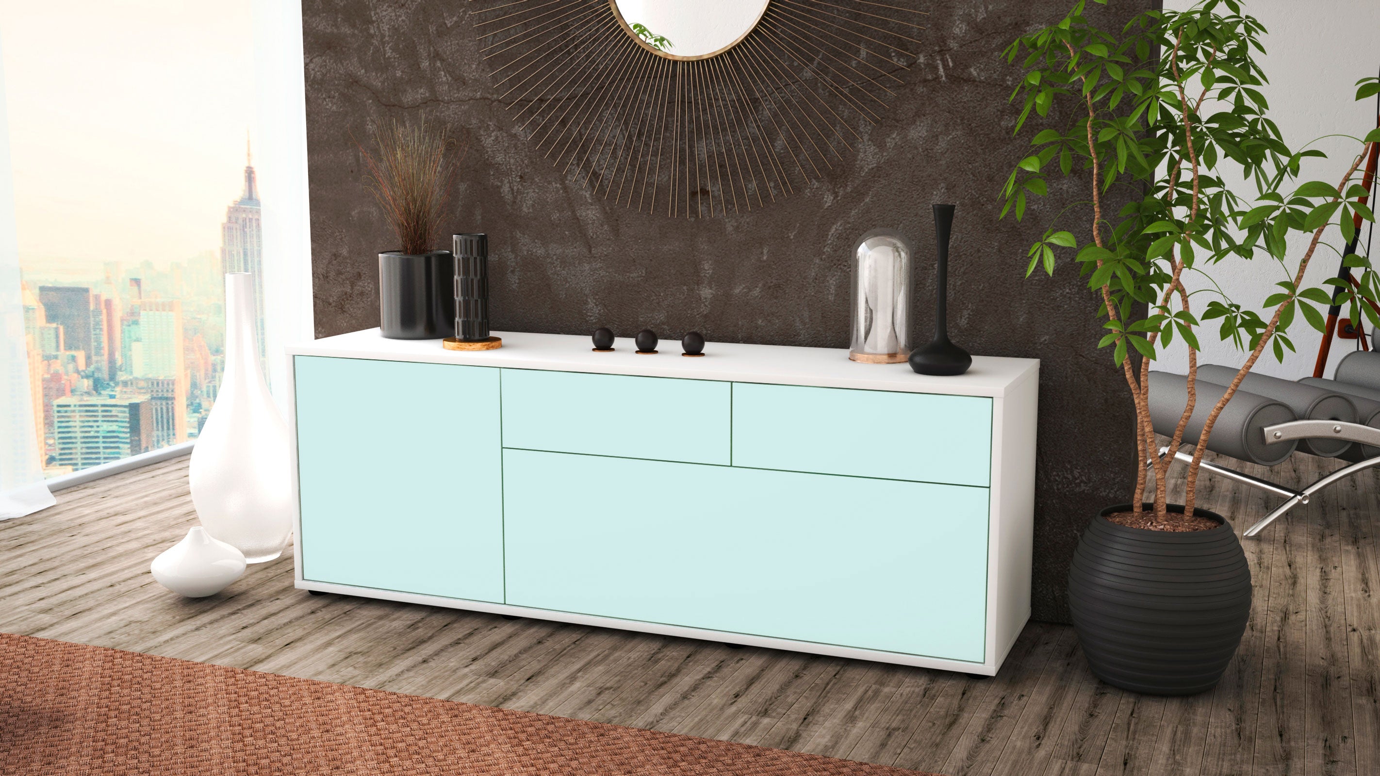 Lowboard - Annabell - Design Farbakzent - Freistehend mit Push to Open 136 cm Weiss