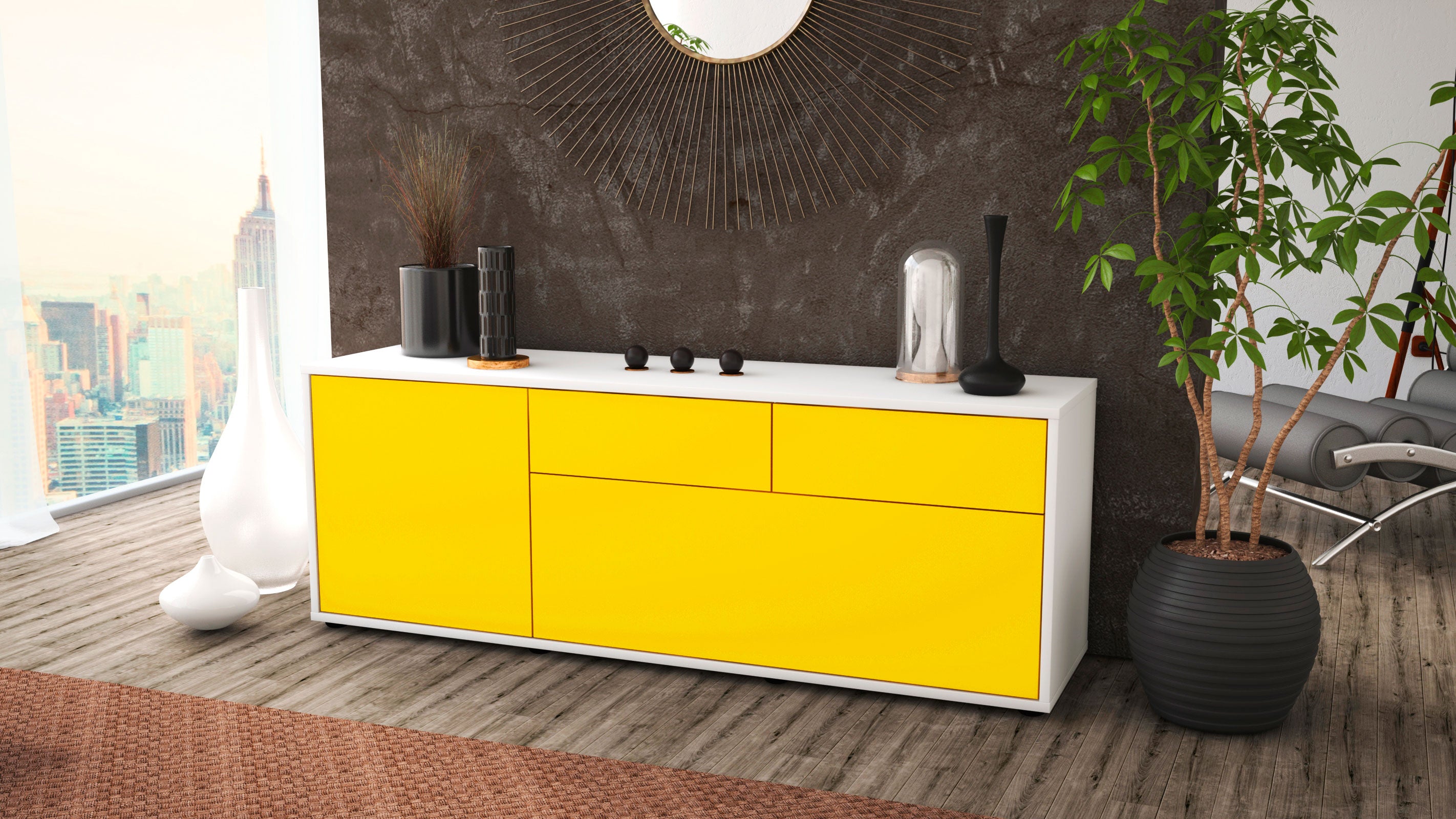 Lowboard - Annabell - Design Farbakzent - Freistehend mit Push to Open 136 cm Weiss