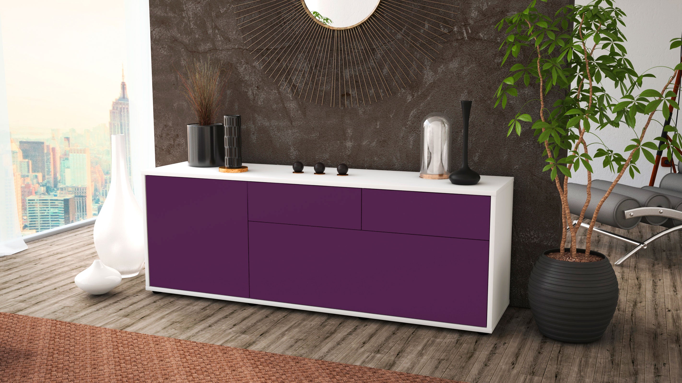 Lowboard - Annabell - Design Farbakzent - Freistehend mit Push to Open 136 cm Weiss