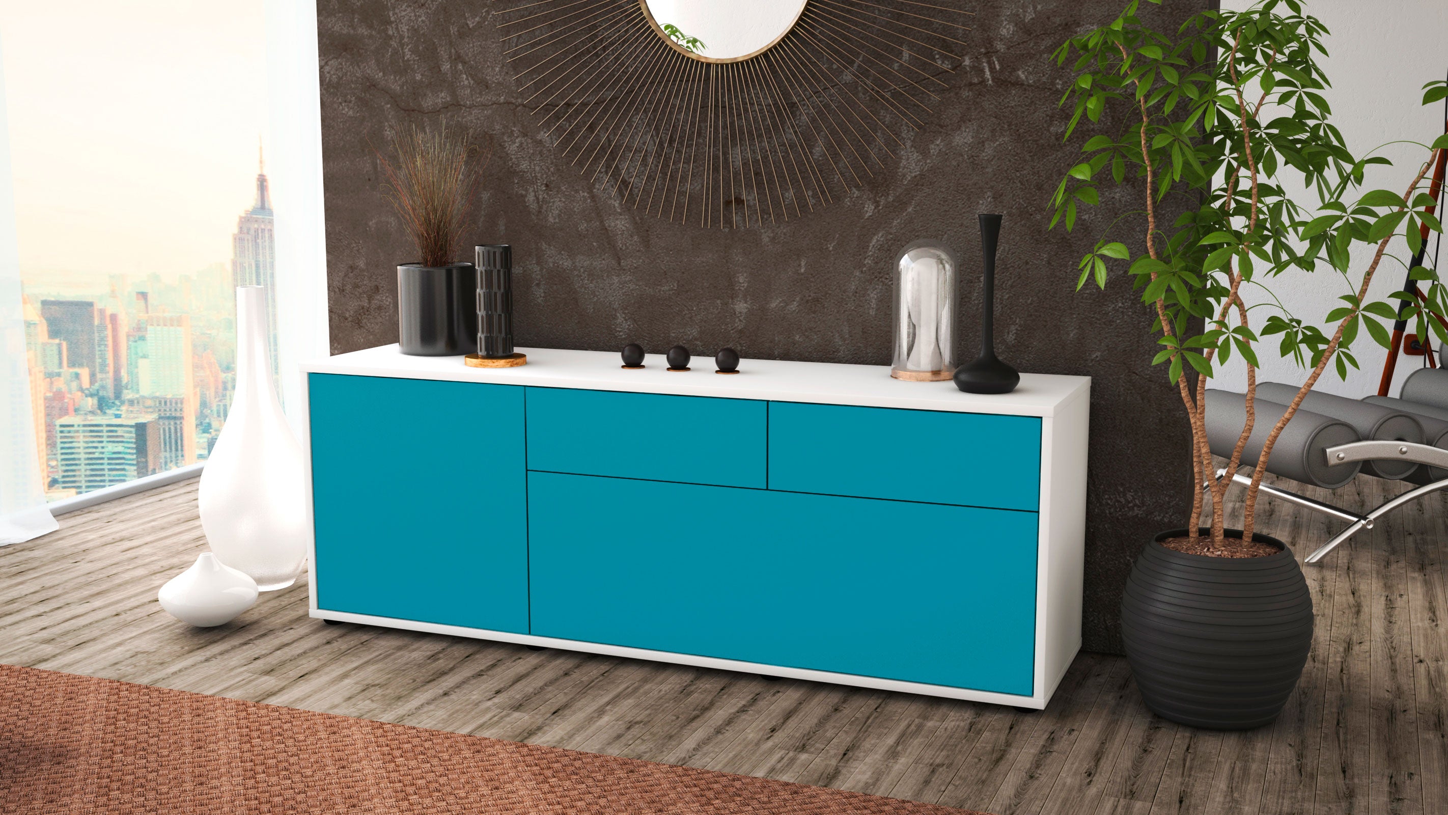 Lowboard - Annabell - Design Farbakzent - Freistehend mit Push to Open 136 cm Weiss