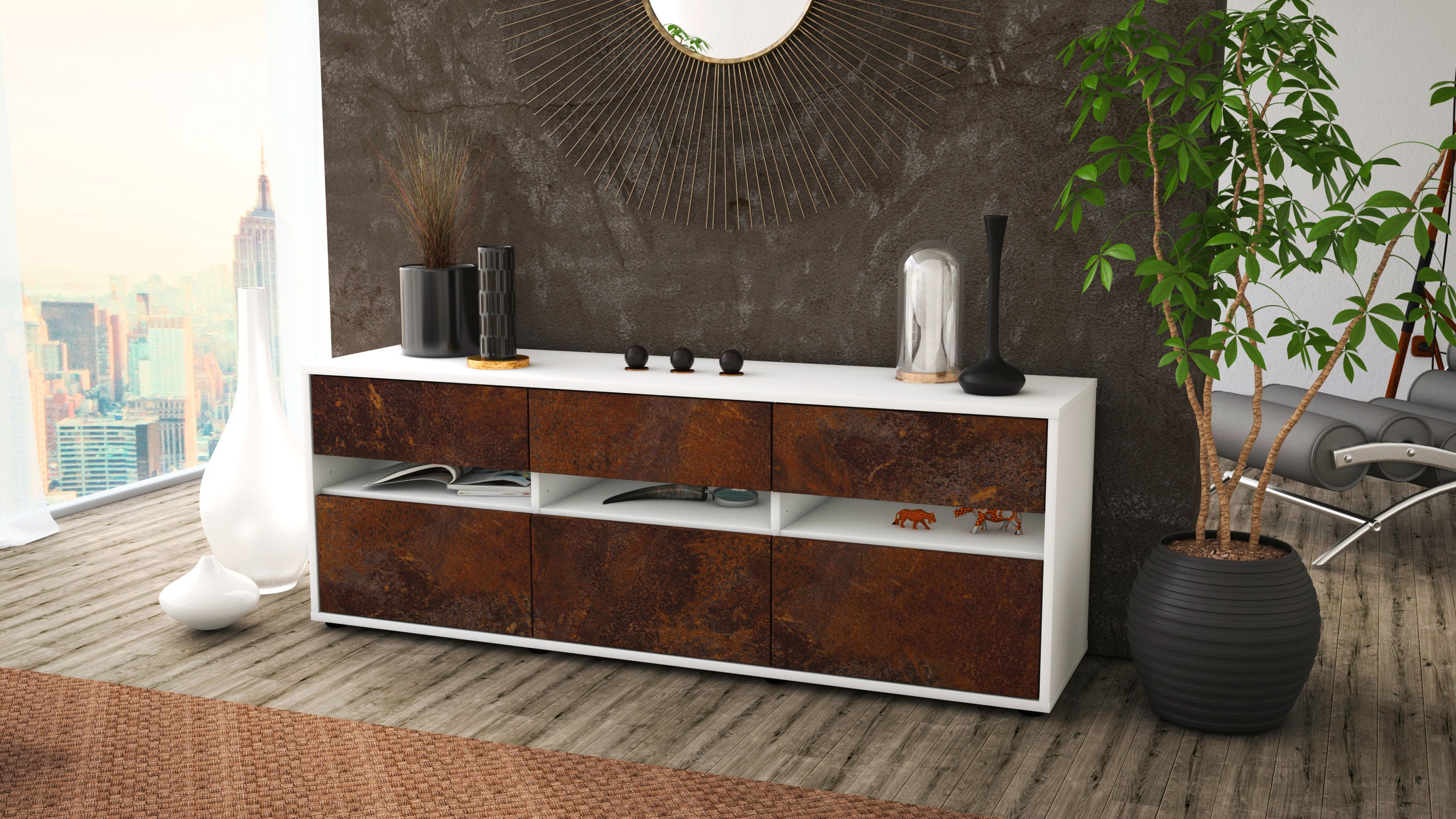 Lowboard - Annalena - Design Industrie Stil - Freistehend mit Push to Open 136 cm Weiss
