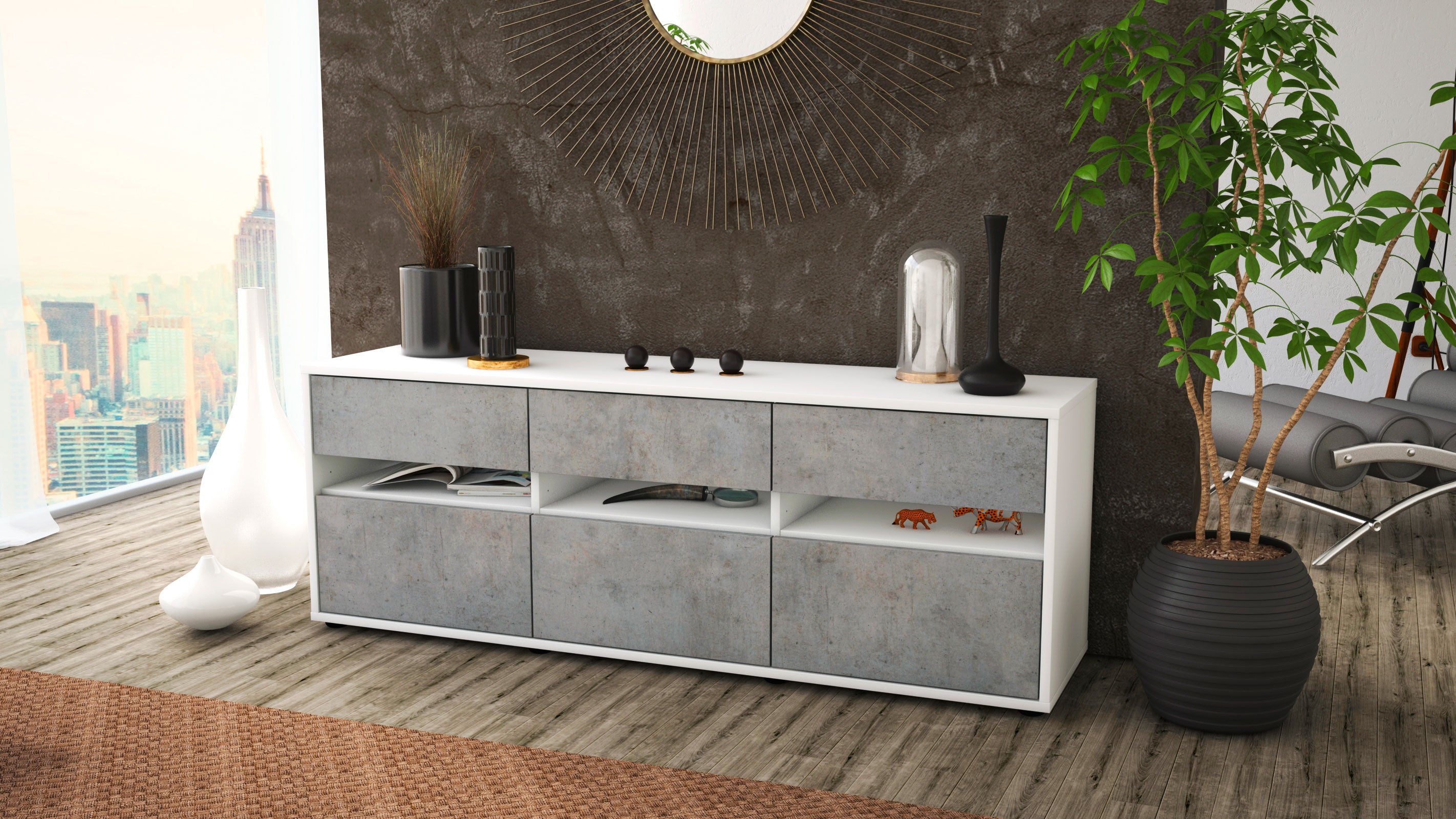 Lowboard - Annalena - Design Industrie Stil - Freistehend mit Push to Open 136 cm Weiss