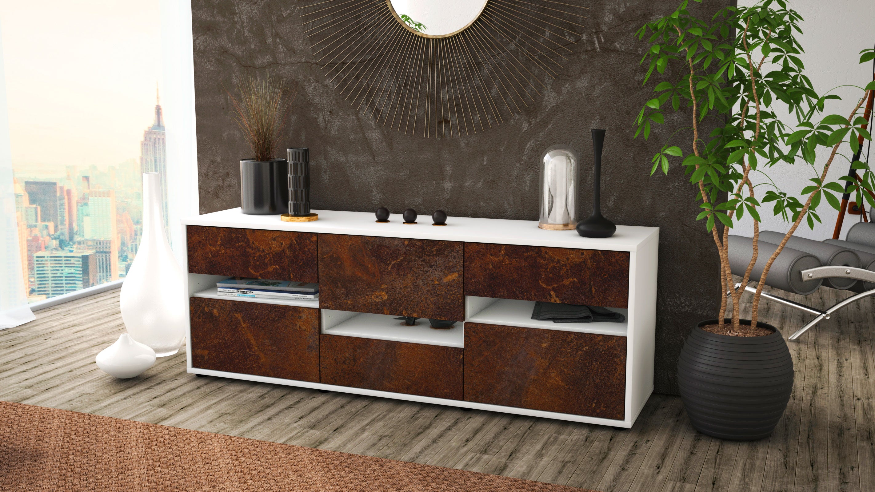 Lowboard - Annalisa - Design Industrie Stil - Freistehend mit Push to Open 136 cm Weiss