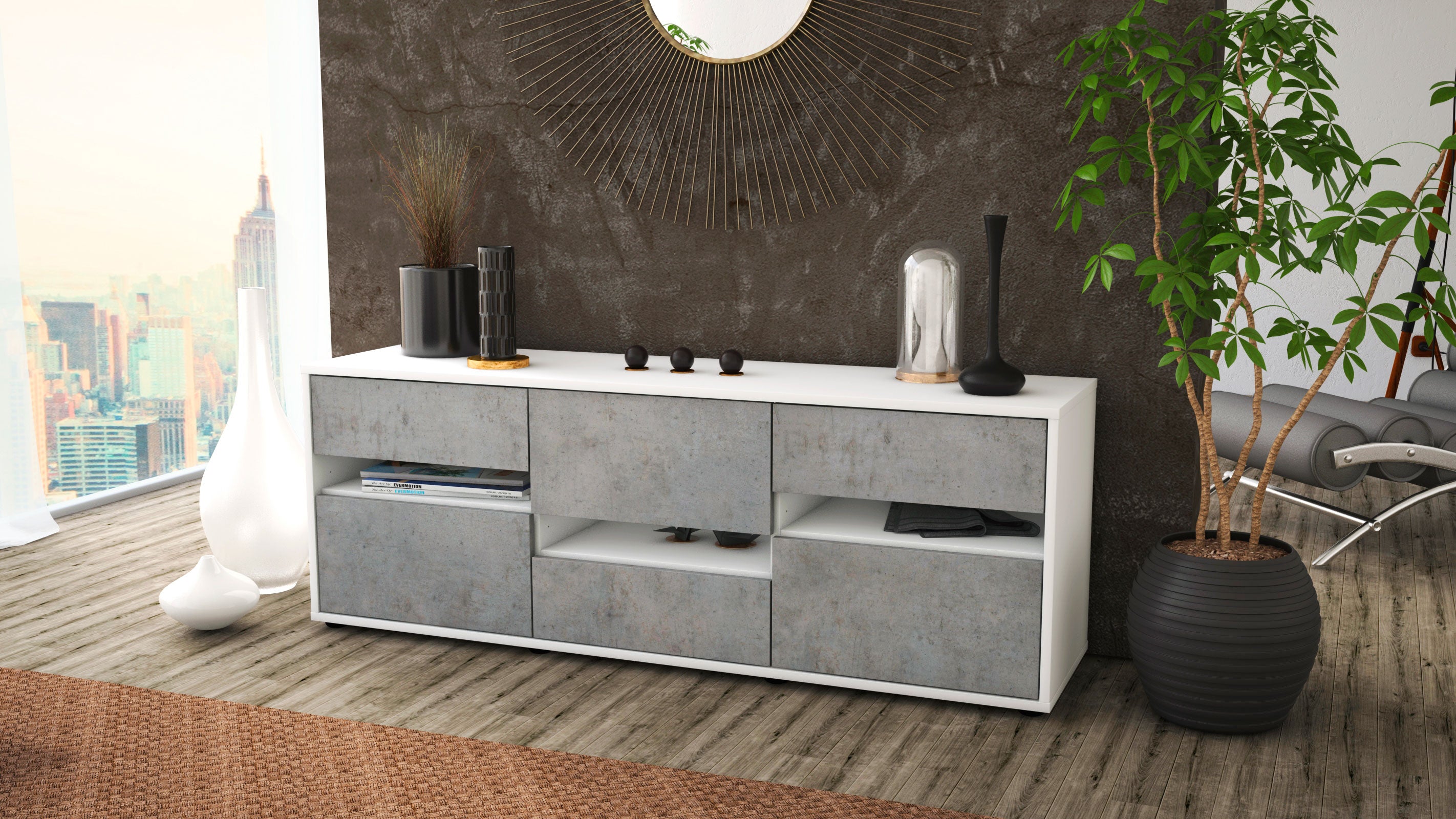 Lowboard - Annalisa - Design Industrie Stil - Freistehend mit Push to Open 136 cm Weiss