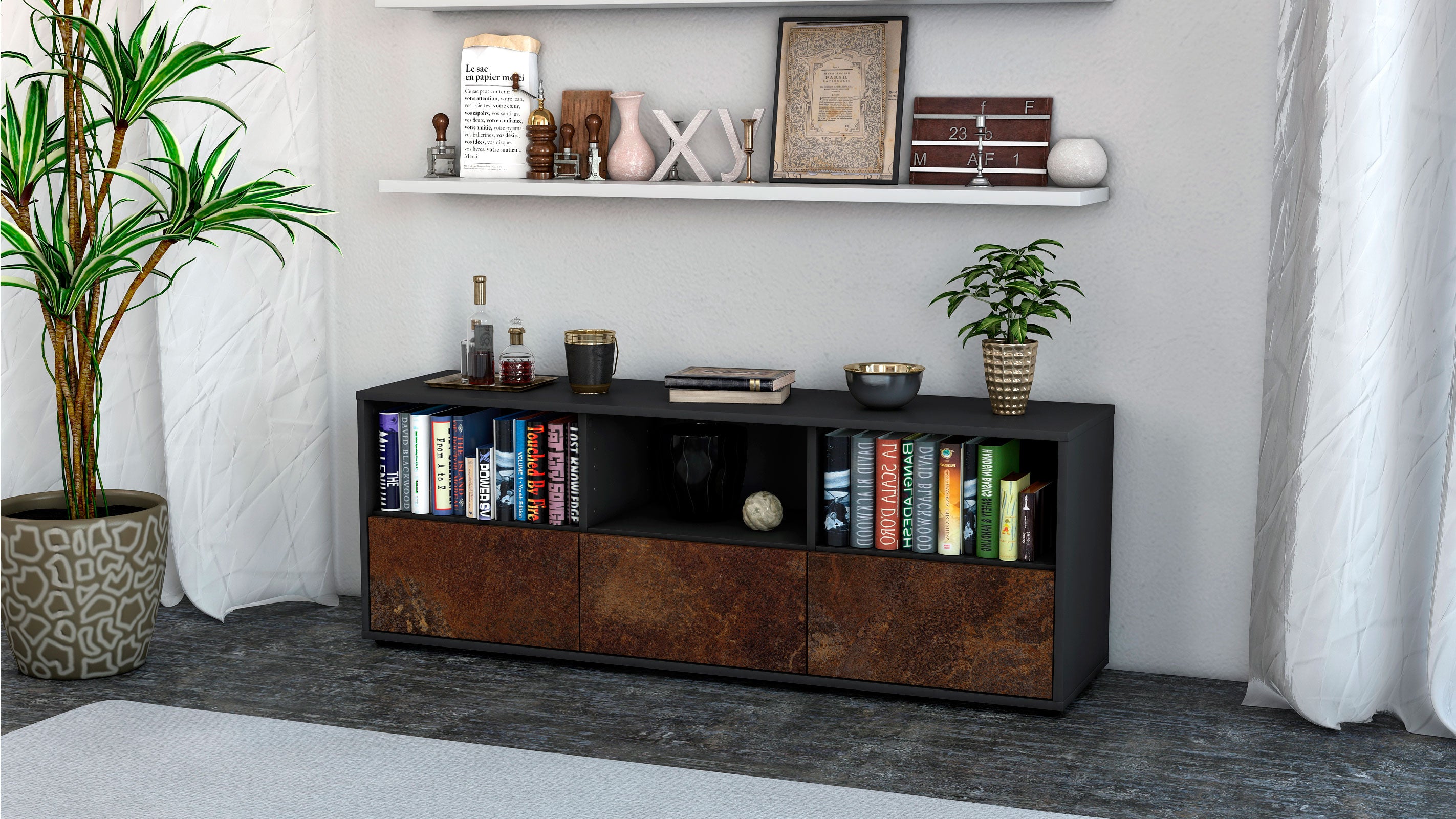 Lowboard - Amalia - Design Industrie Stil - Freistehend mit Push to Open 136 cm Anthrazit