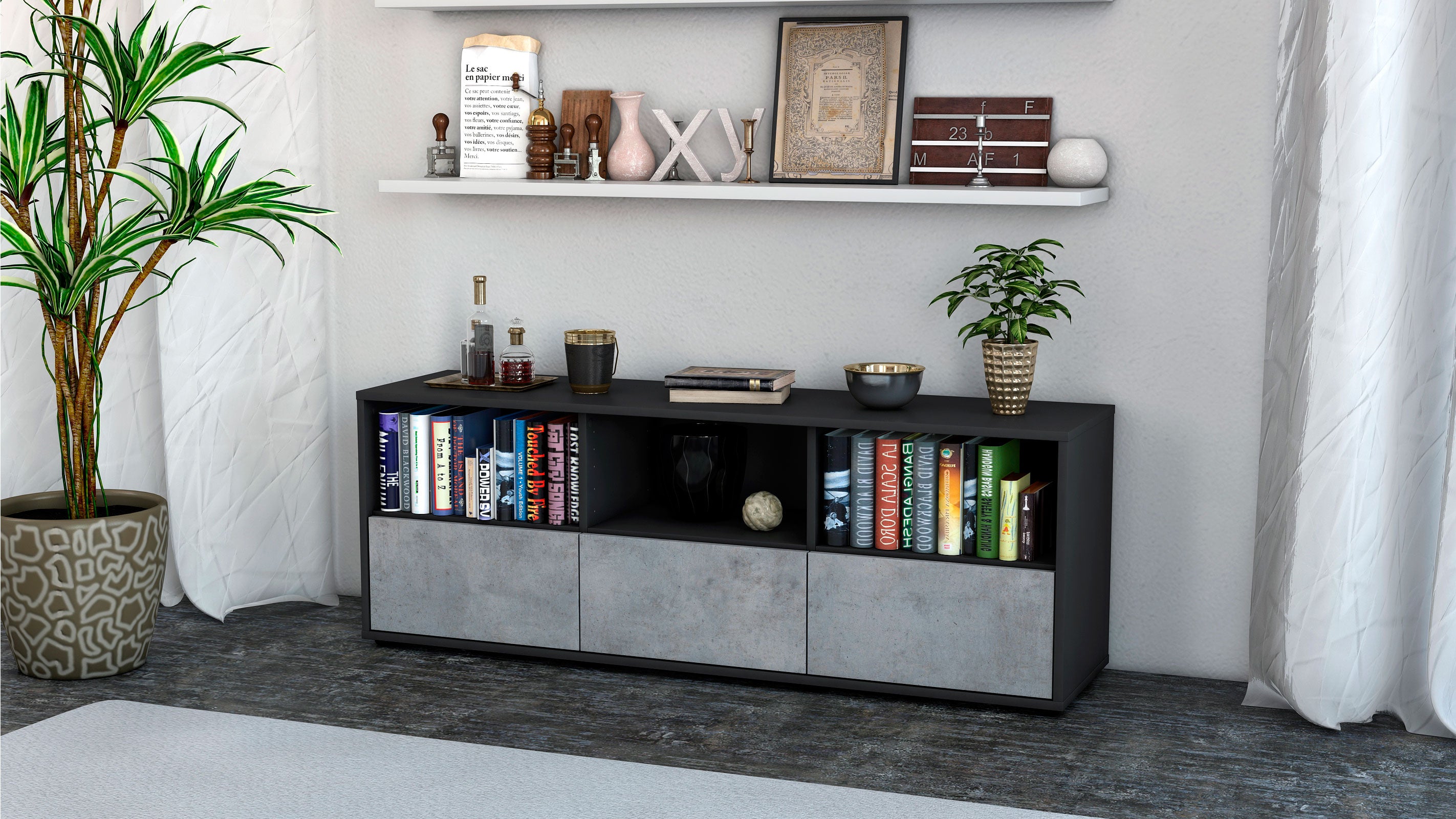 Lowboard - Amalia - Design Industrie Stil - Freistehend mit Push to Open 136 cm Anthrazit