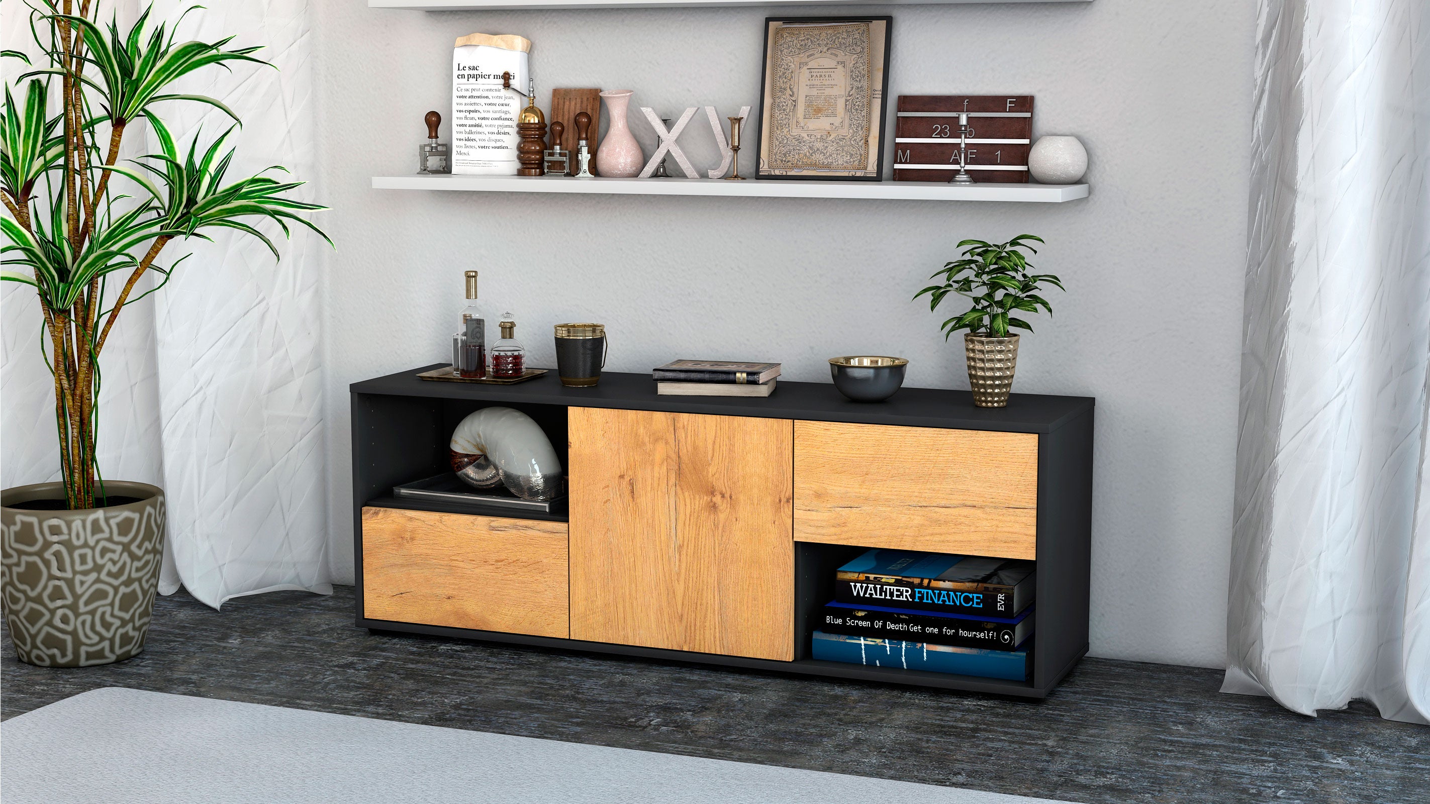 Lowboard - Ambra - Design Holzdekor - Freistehend mit Push to Open 136 cm Anthrazit