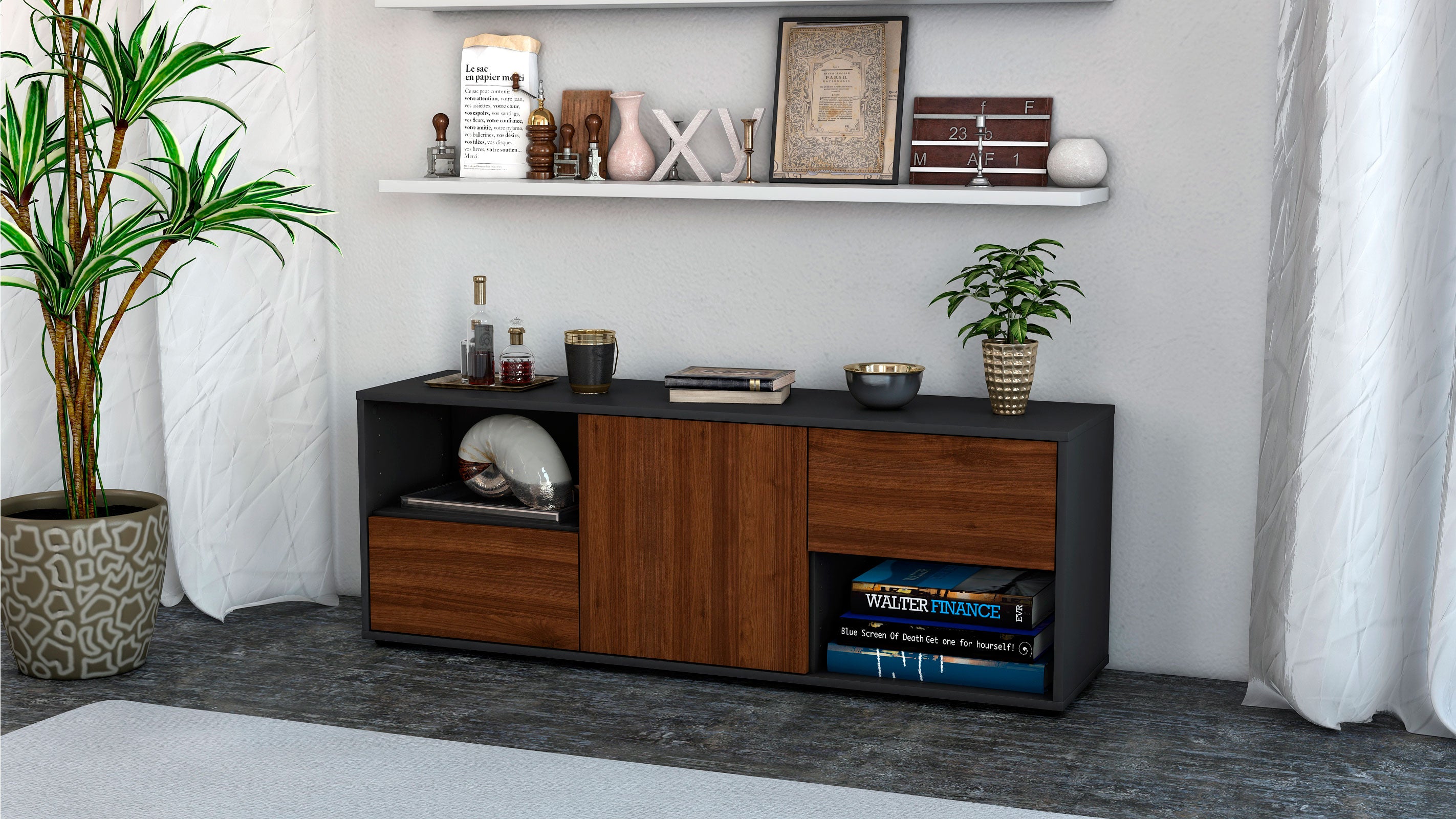 Lowboard - Ambra - Design Holzdekor - Freistehend mit Push to Open 136 cm Anthrazit