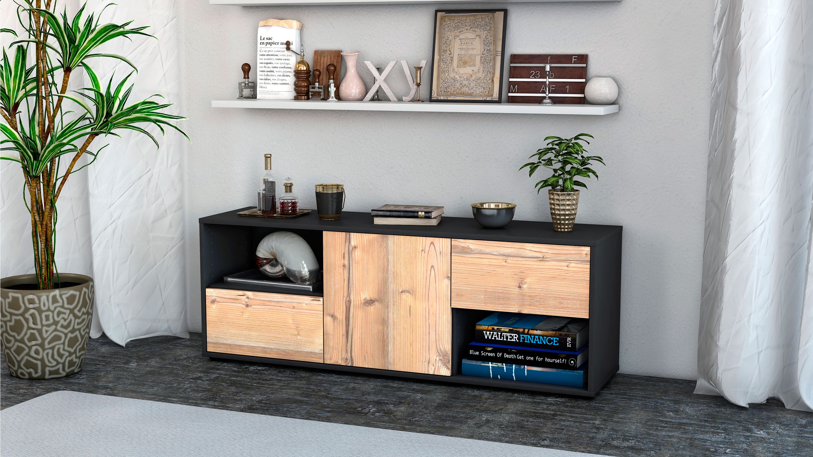 Lowboard - Ambra - Design Holzdekor - Freistehend mit Push to Open 136 cm Anthrazit