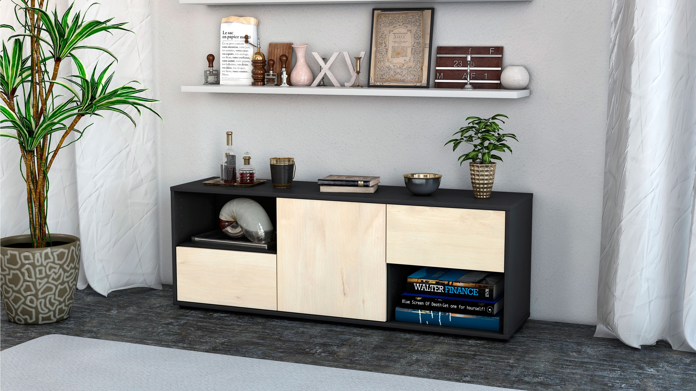 Lowboard - Ambra - Design Holzdekor - Freistehend mit Push to Open 136 cm Anthrazit