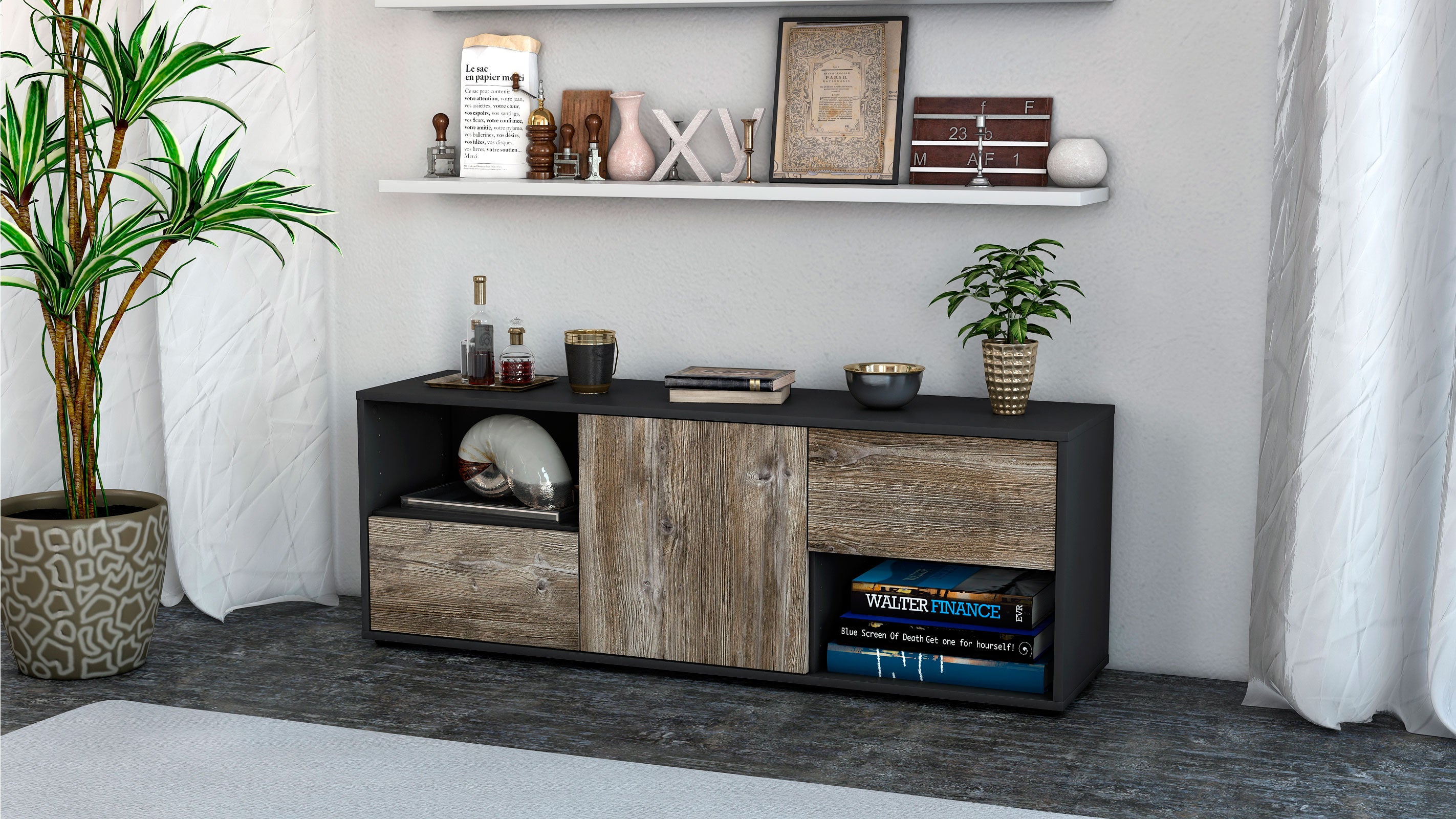 Lowboard - Ambra - Design Holzdekor - Freistehend mit Push to Open 136 cm Anthrazit