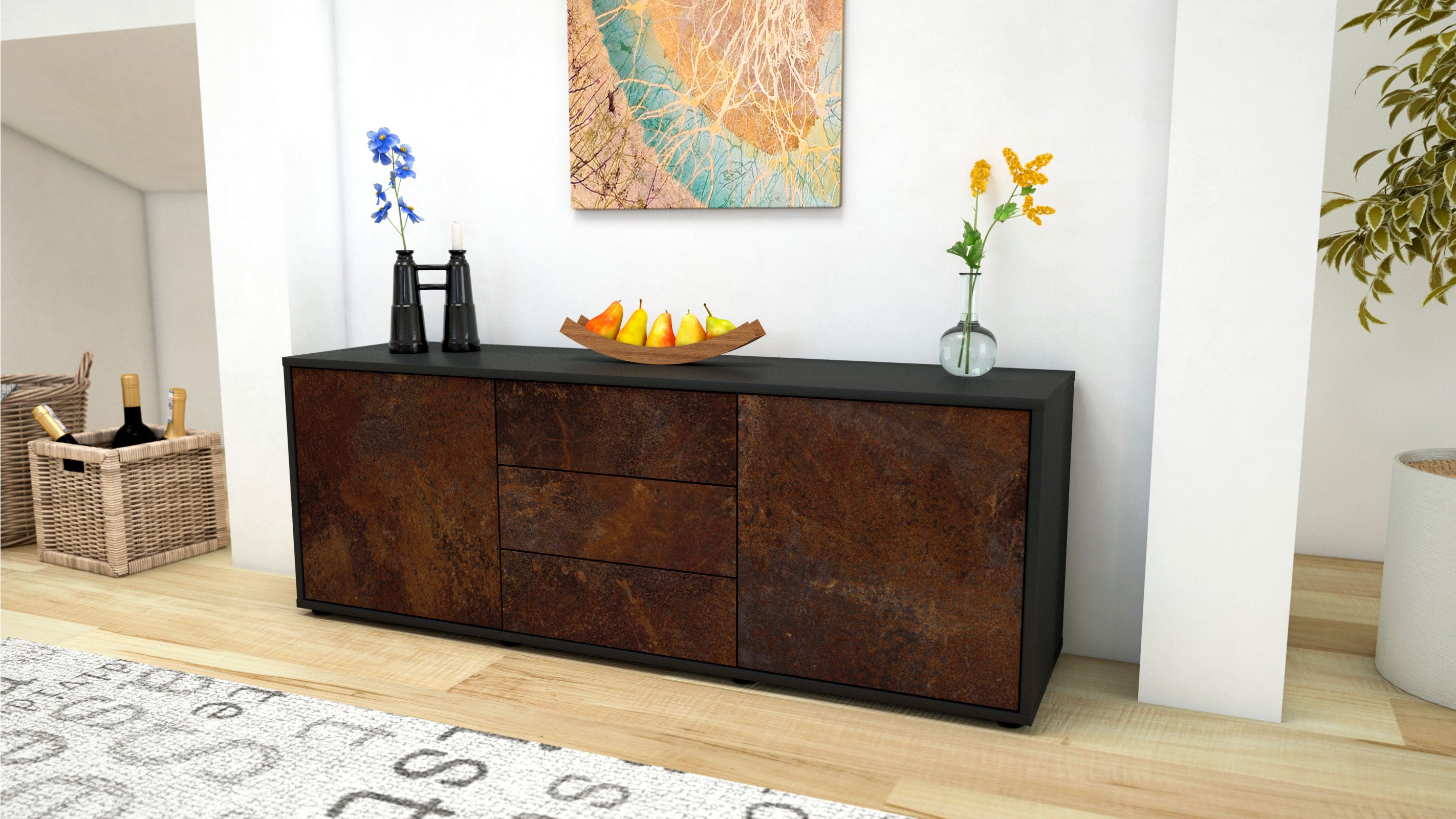 Lowboard - Ameline - Design Industrie Stil - Freistehend mit Push to Open 136 cm Anthrazit