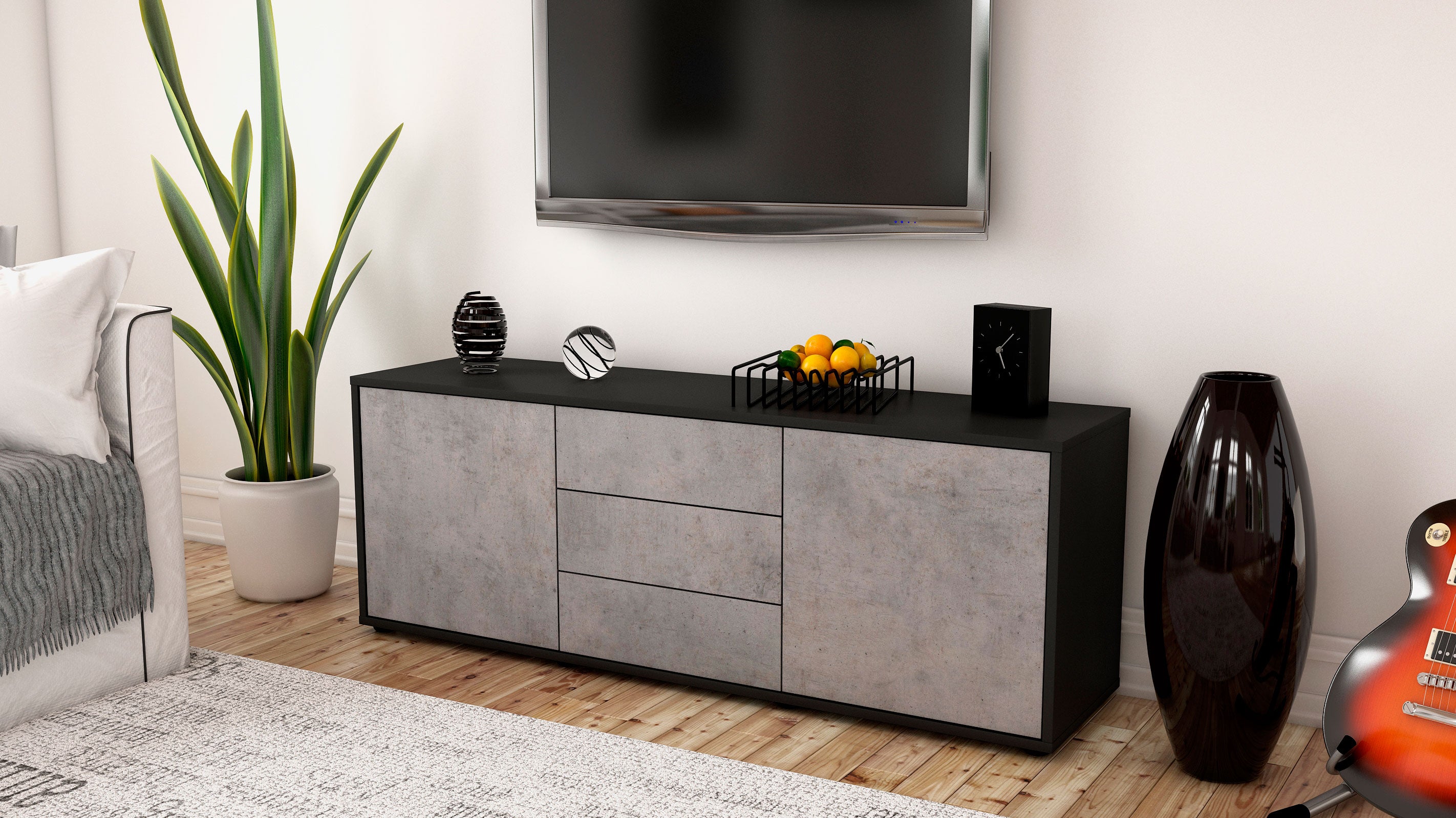 Lowboard - Ameline - Design Industrie Stil - Freistehend mit Push to Open 136 cm Anthrazit