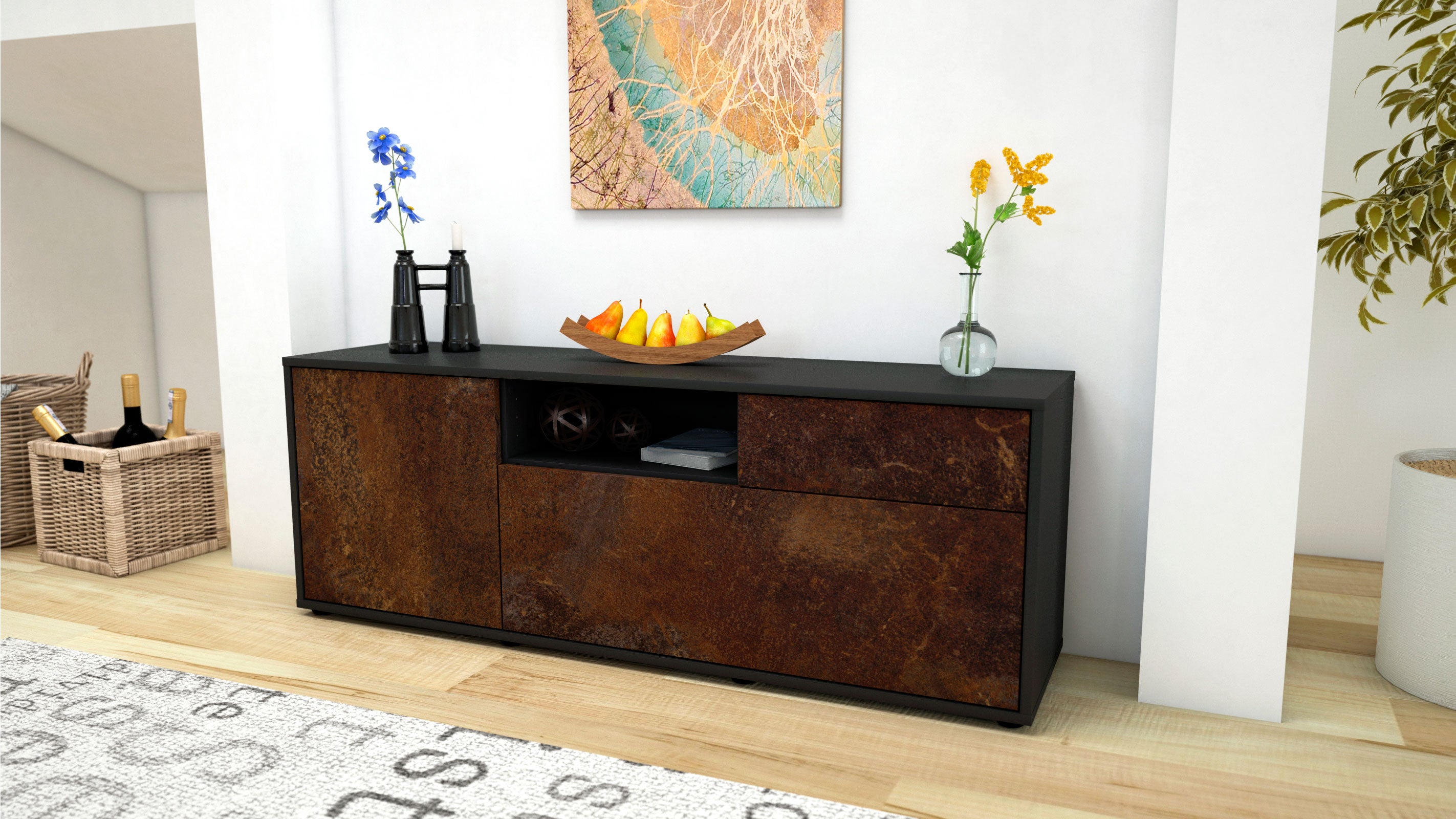Lowboard - Amila - Design Industrie Stil - Freistehend mit Push to Open 136 cm Anthrazit