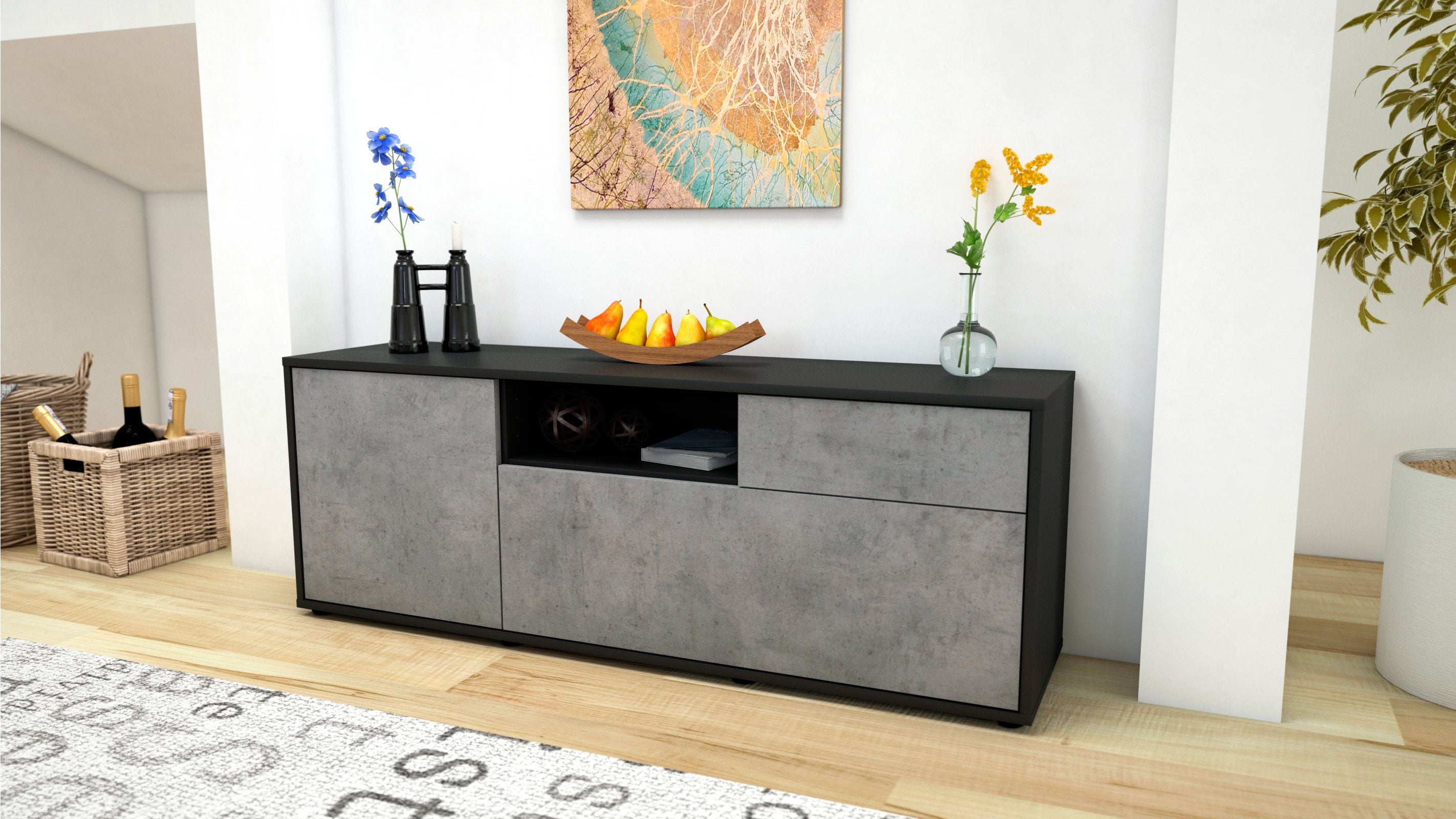 Lowboard - Amila - Design Industrie Stil - Freistehend mit Push to Open 136 cm Anthrazit