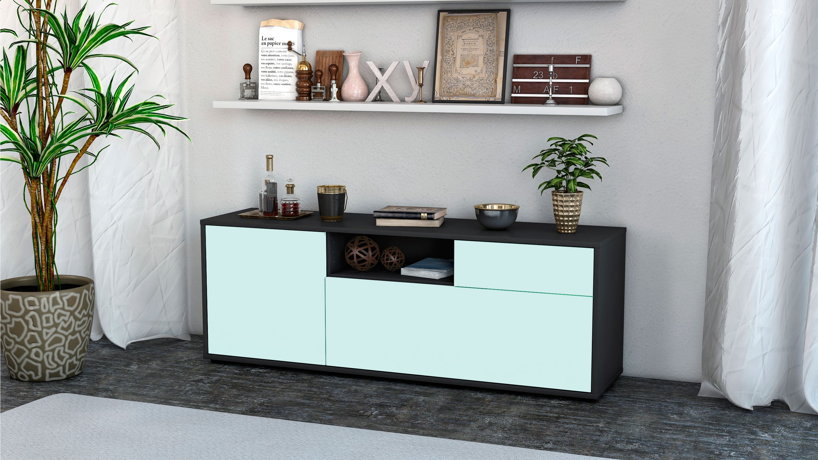 Lowboard - Amila - Design Farbakzent - Freistehend mit Push to Open 136 cm Anthrazit